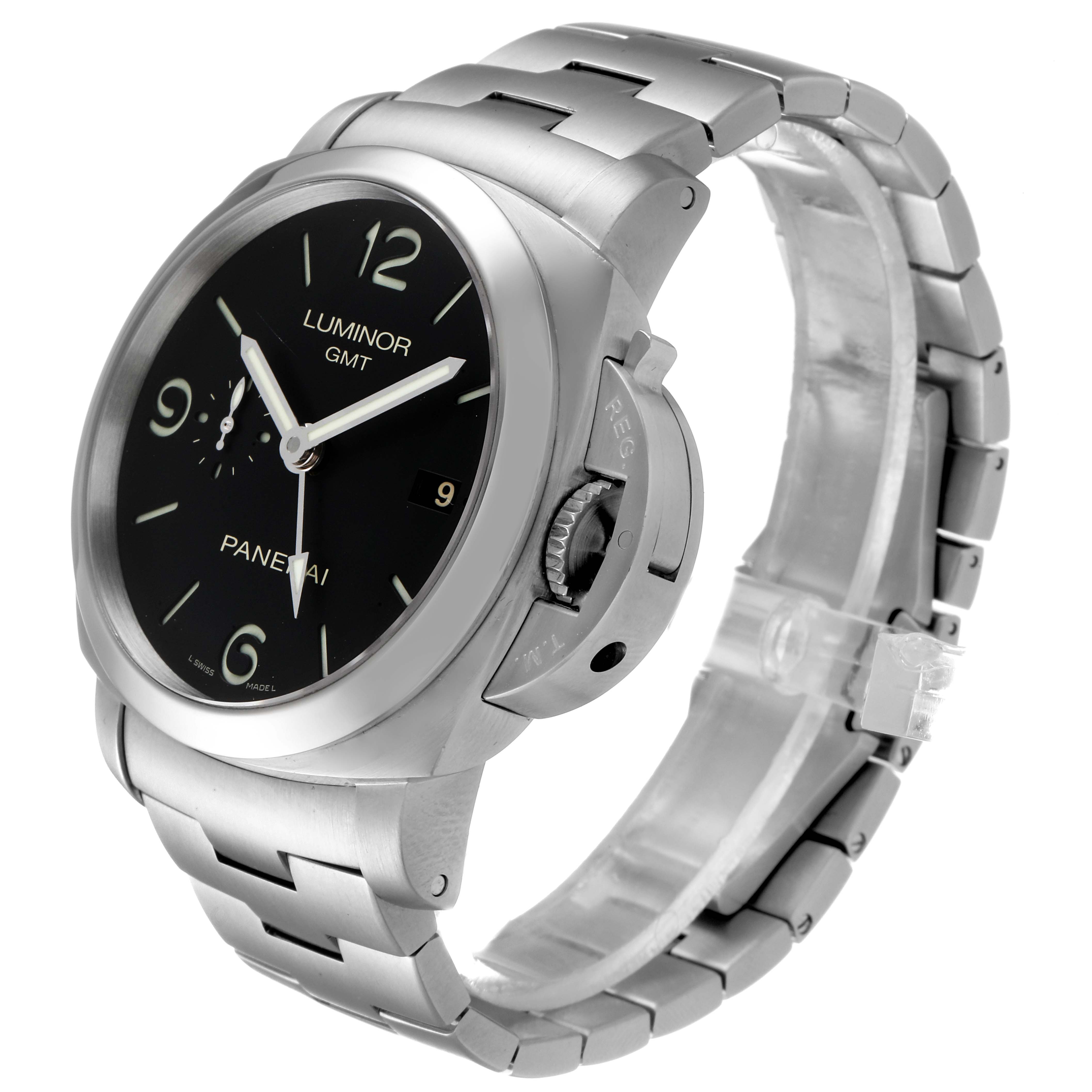 This image shows a Panerai Luminor PAM00329 Men
s Stainless Steel Black Dial PAM00329 Men
s Stainless Steel Black Dial watch at a three-quarter angle, displaying the face, bezel, crown guard, and metal bracelet.