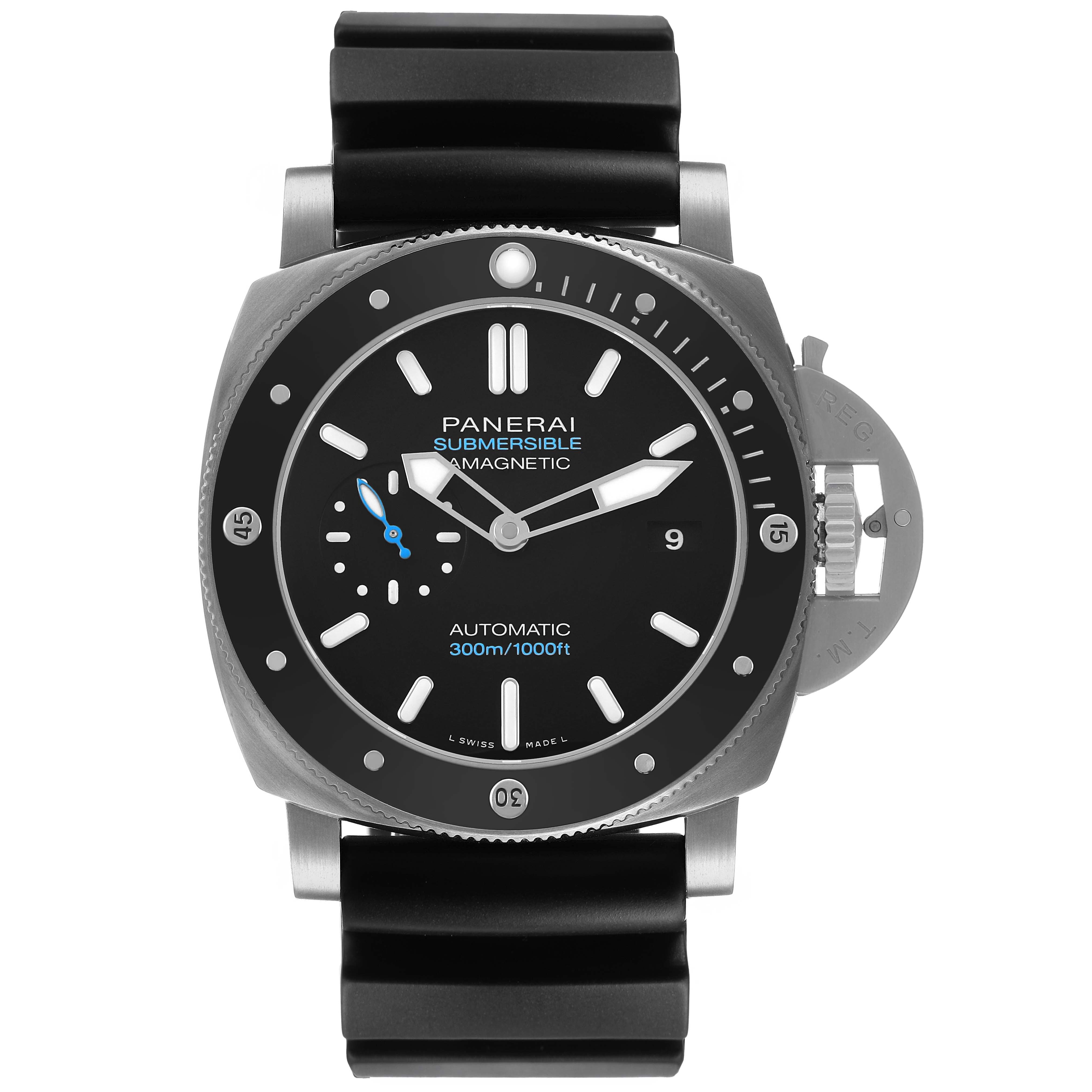 The Panerai Submersible PAM01389 Men's Titanium Black Dial watch is shown from a front angle, highlighting the face, bezel, and strap attachment.