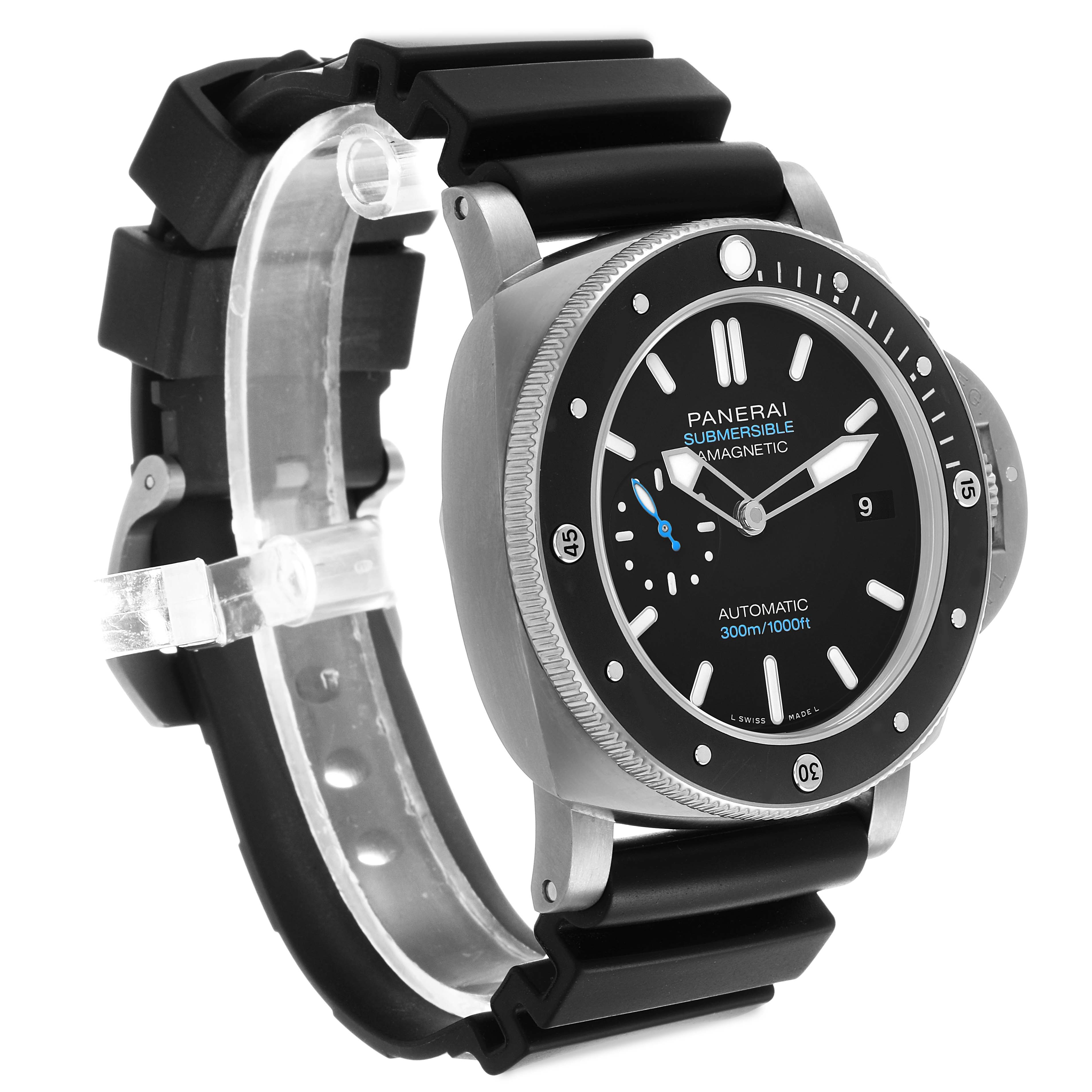 The Panerai Submersible PAM01389 Men's Titanium Black Dial watch is shown at a slight angle, highlighting the face, bezel, and black rubber strap.