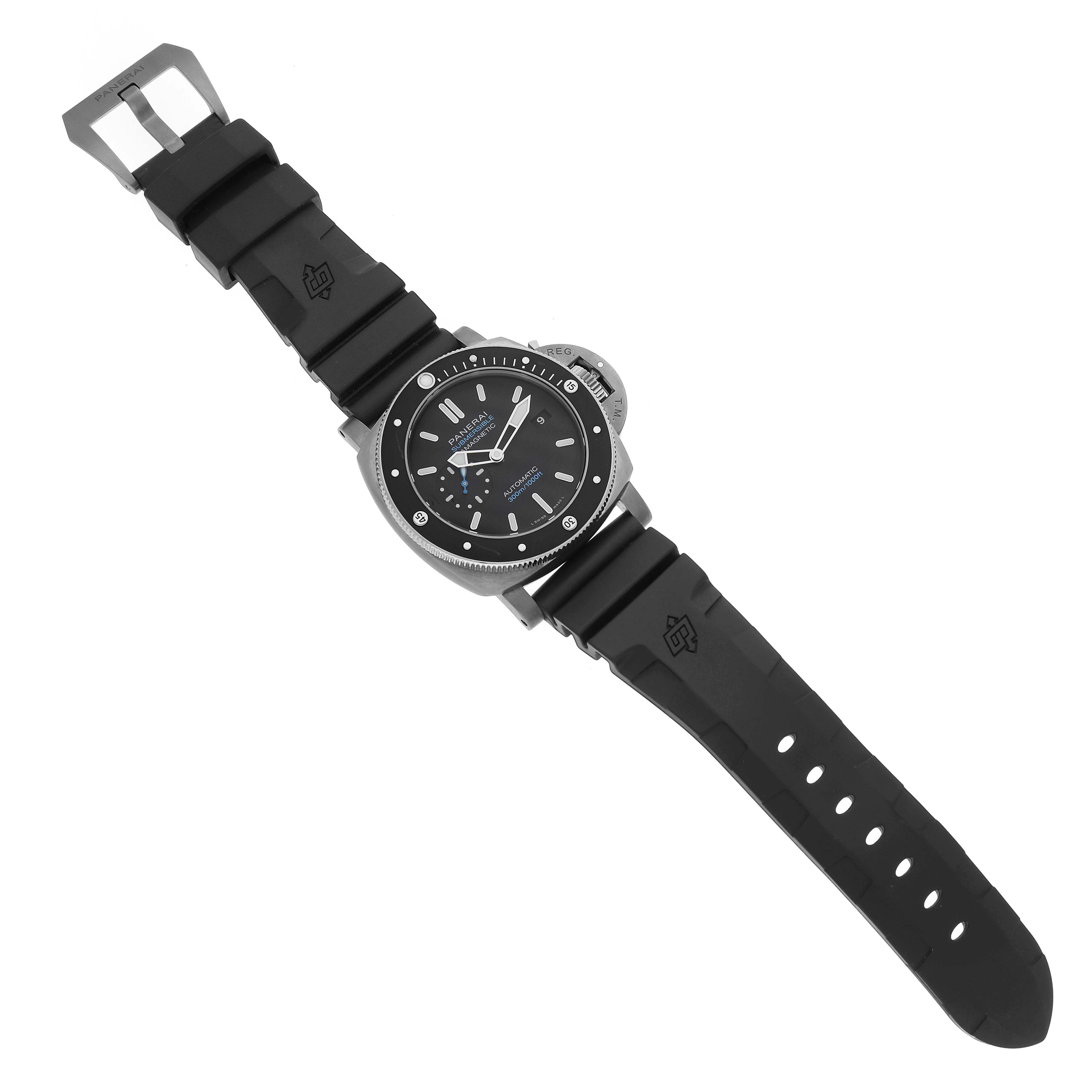 The Panerai Submersible PAM01389 Men's Titanium Black Dial watch is shown from the top, displaying the dial, case, and full rubber strap.