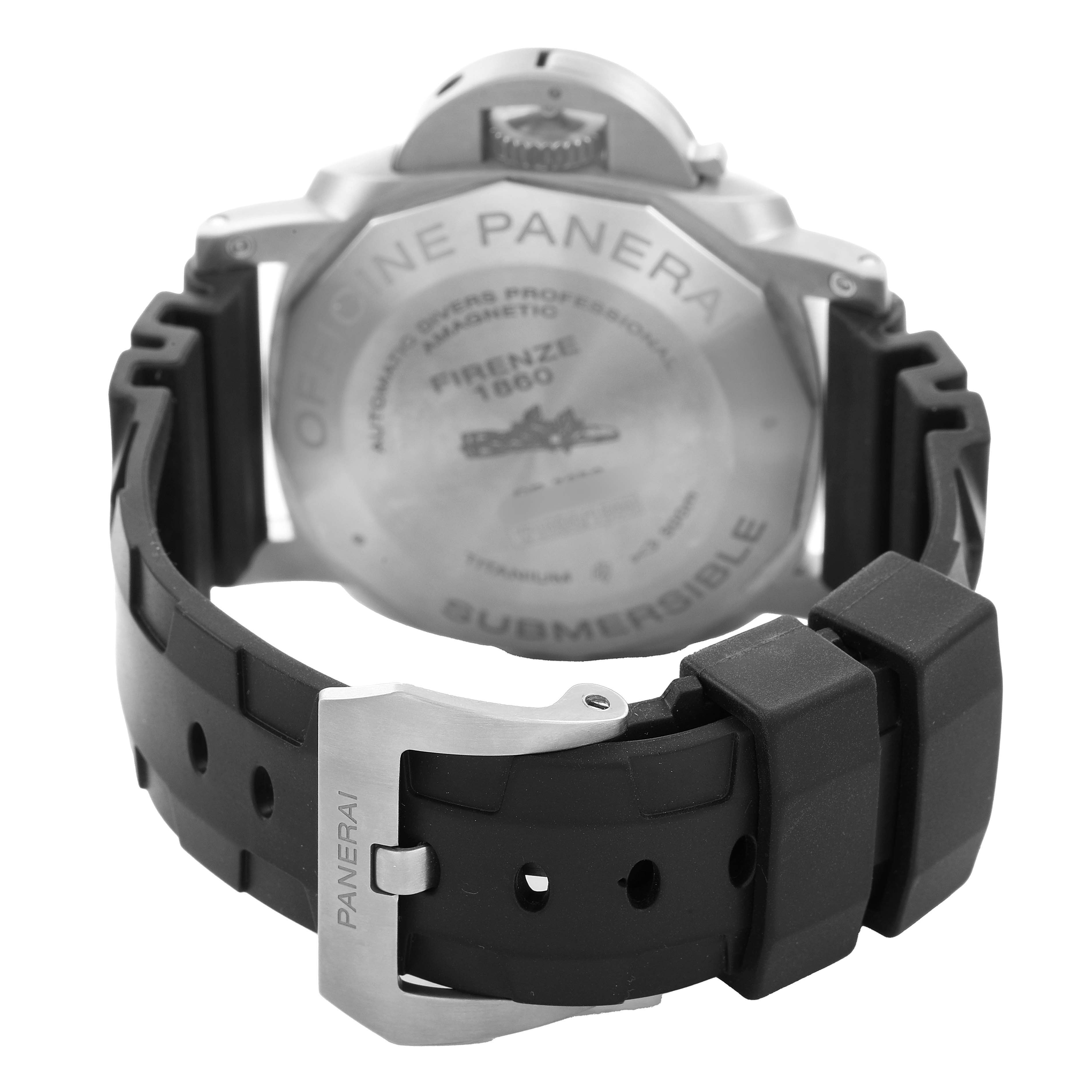 The image shows the back of a Panerai Submersible PAM01389 Men's Titanium Black Dial watch with a focus on the case back, strap, and buckle.