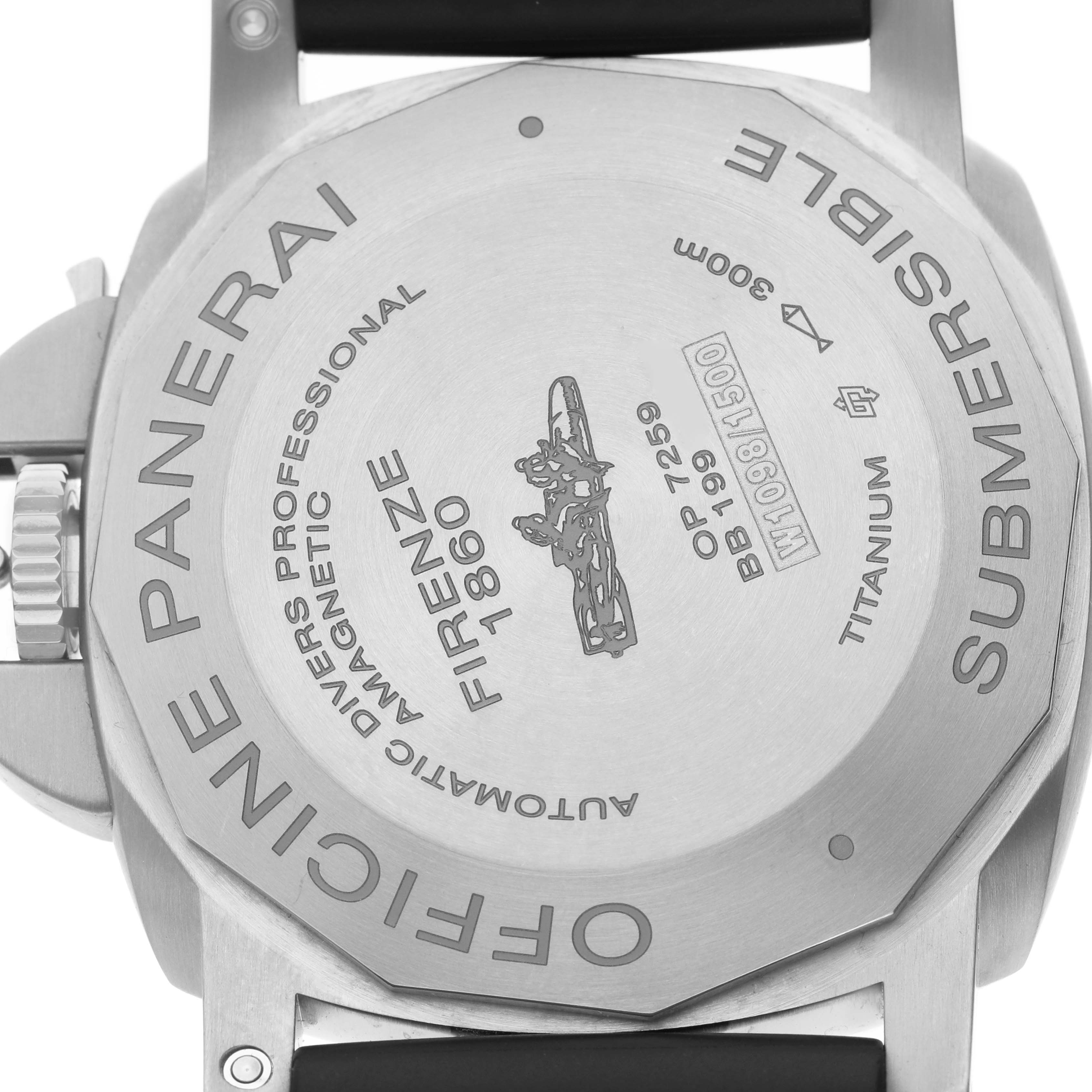 The image shows the back of a Panerai Submersible PAM01389 Men's Titanium Black Dial watch, highlighting engravings and details.