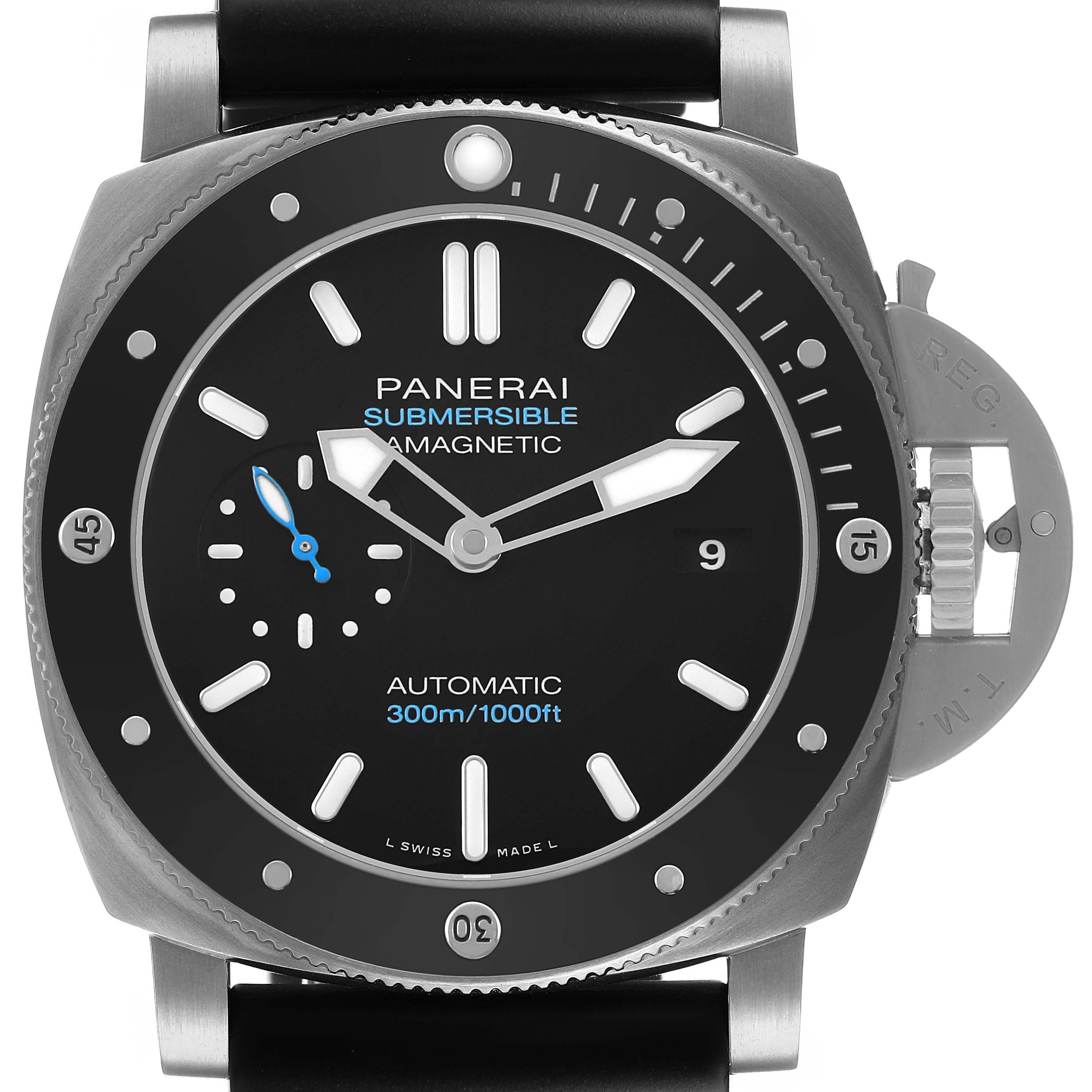 The Panerai Submersible PAM01389 Men's Titanium Black Dial watch is shown from a front angle, highlighting the dial, bezel, and crown guard.
