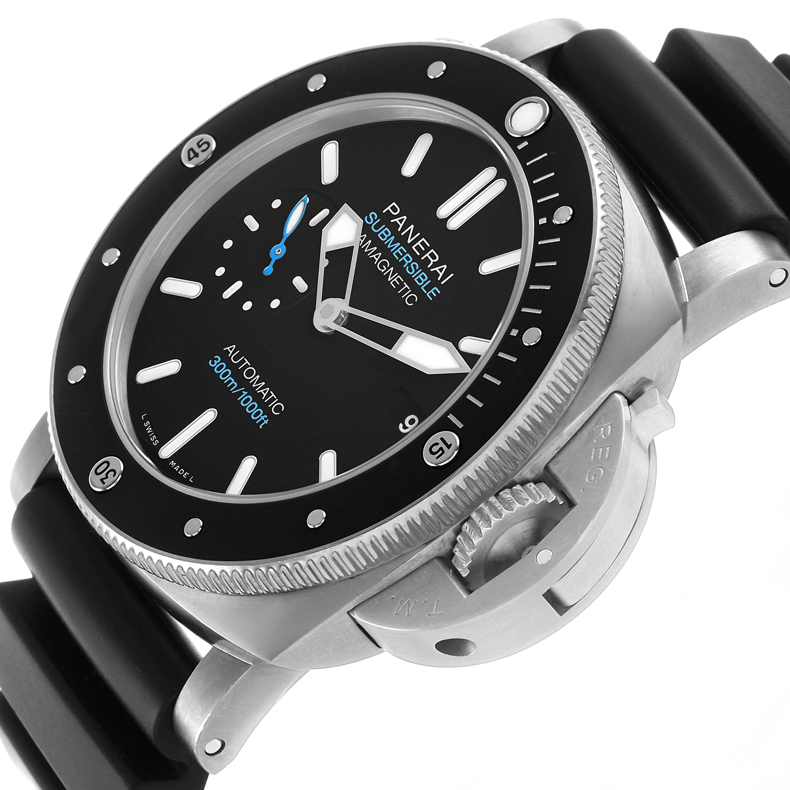 The Panerai Submersible PAM01389 Men's Titanium Black Dial watch is shown at a slightly angled side view, highlighting the bezel, dial, and crown guard.