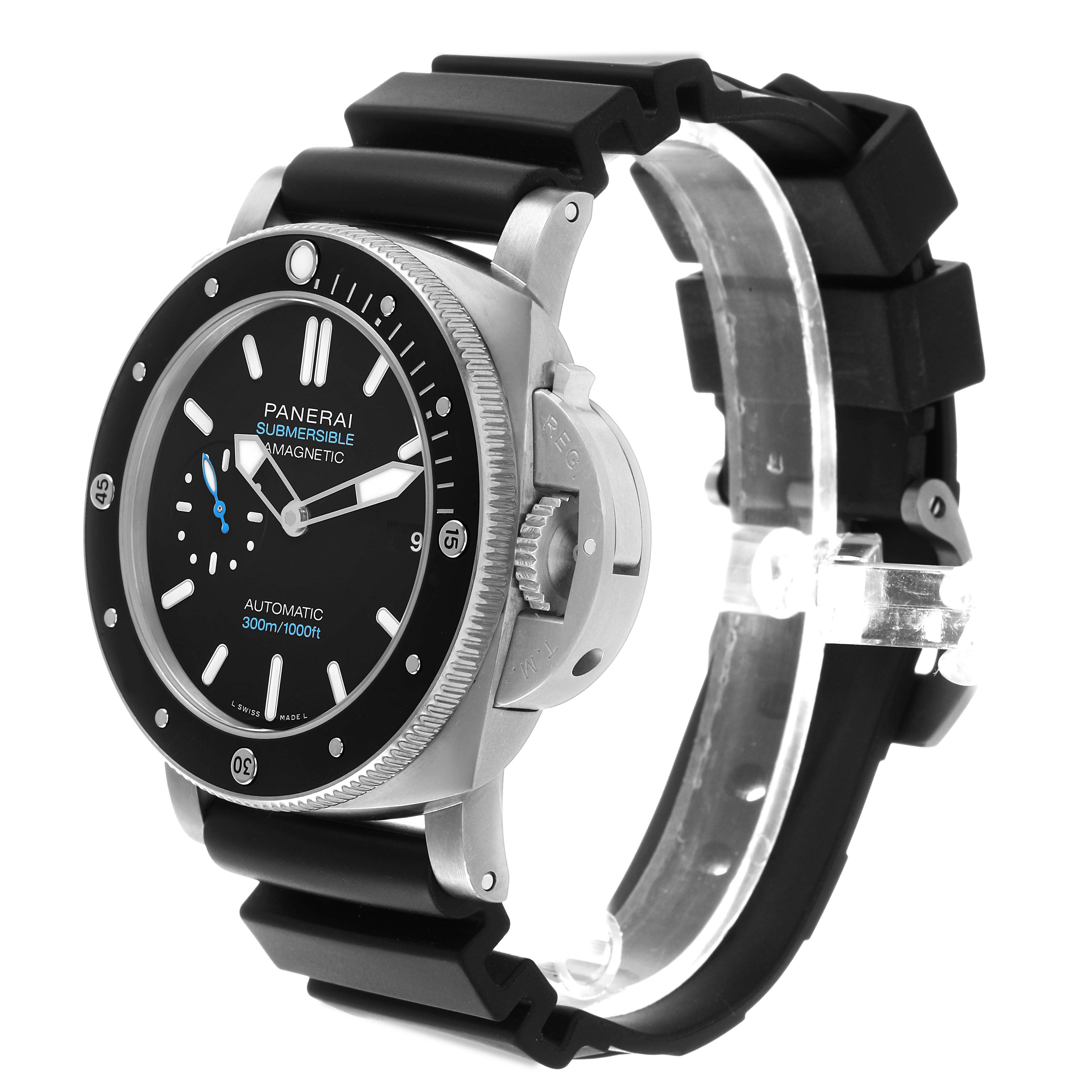 The Panerai Submersible PAM01389 Men's Titanium Black Dial watch is shown at a three-quarter angle, displaying its face, bezel, and rubber strap.