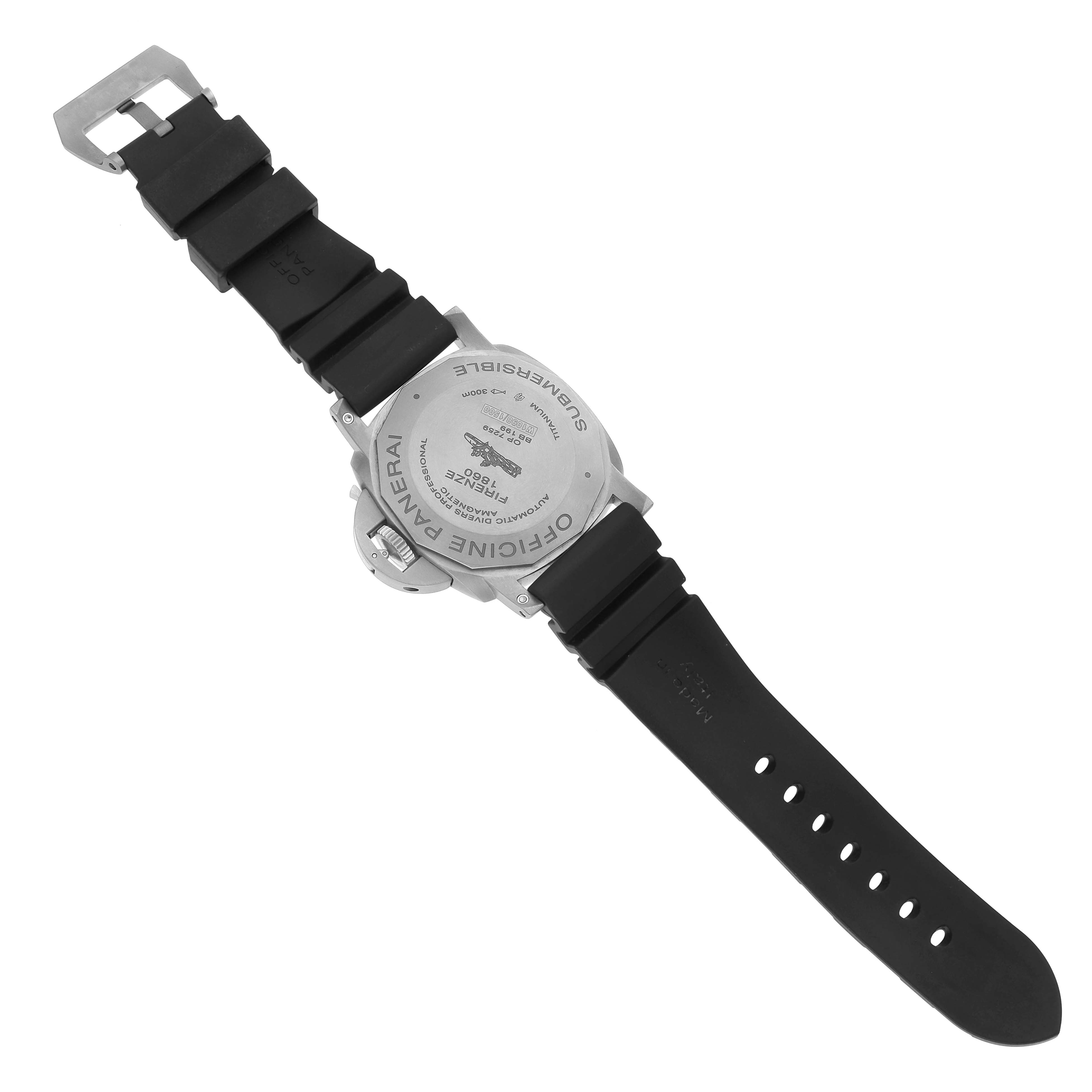 The image shows the back and strap of a Panerai Submersible PAM01389 Men's Titanium Black Dial watch, highlighting the buckle and rear details.