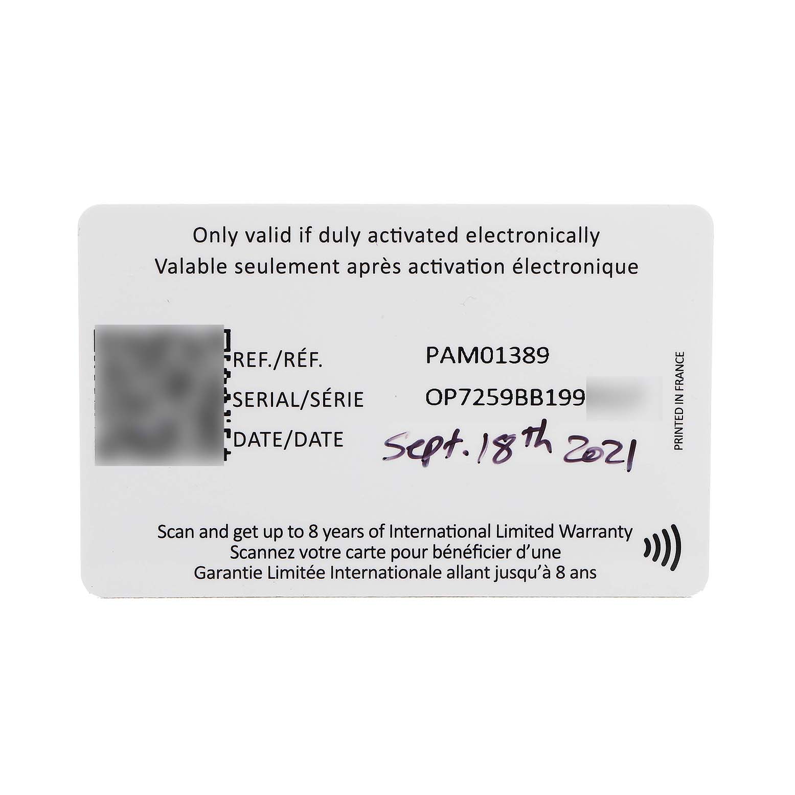 The image shows the warranty card for a Panerai Submersible PAM01389 Men's Titanium Black Dial watch model PAM01389.