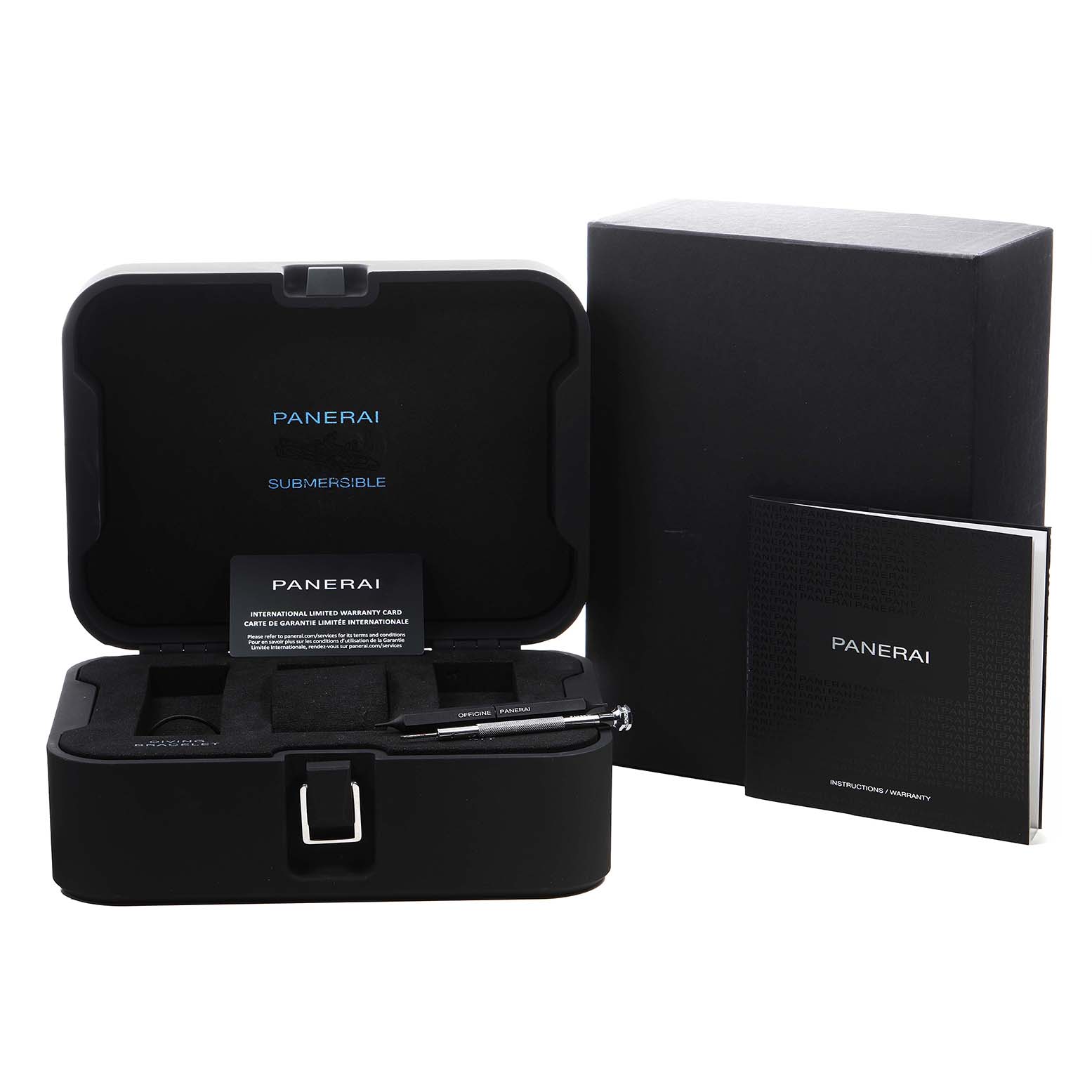 The image shows a Panerai Submersible PAM01389 Men's Titanium Black Dial box set, including a warranty card, strap-changing tool, and instructions.