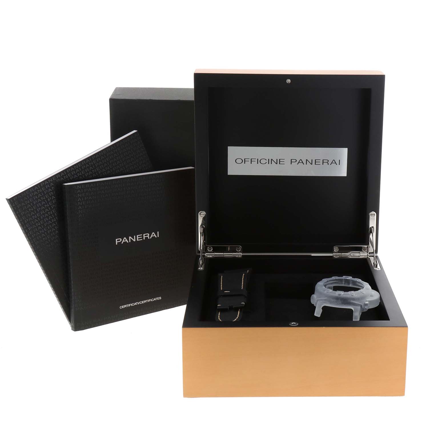 This image shows the packaging, manuals, and accessories of a Panerai Submersible PAM00615 Men's Titanium Black Dial PAM00615 Men's Titanium Black Dial watch, including the watch box and protective cover.