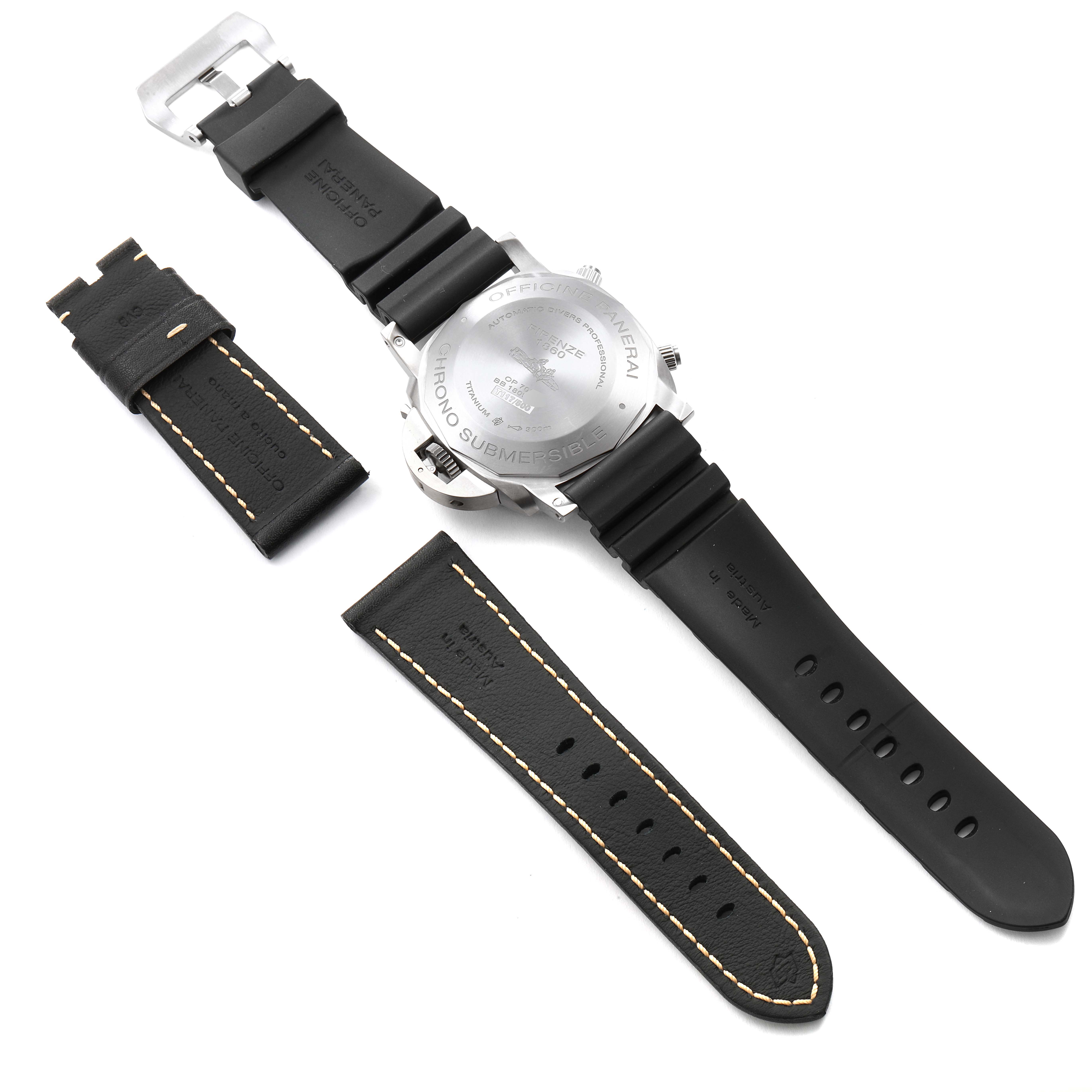 This image shows the backside of a Panerai Submersible PAM00615 Men's Titanium Black Dial PAM00615 Men's Titanium Black Dial watch along with interchangeable black leather and rubber straps.