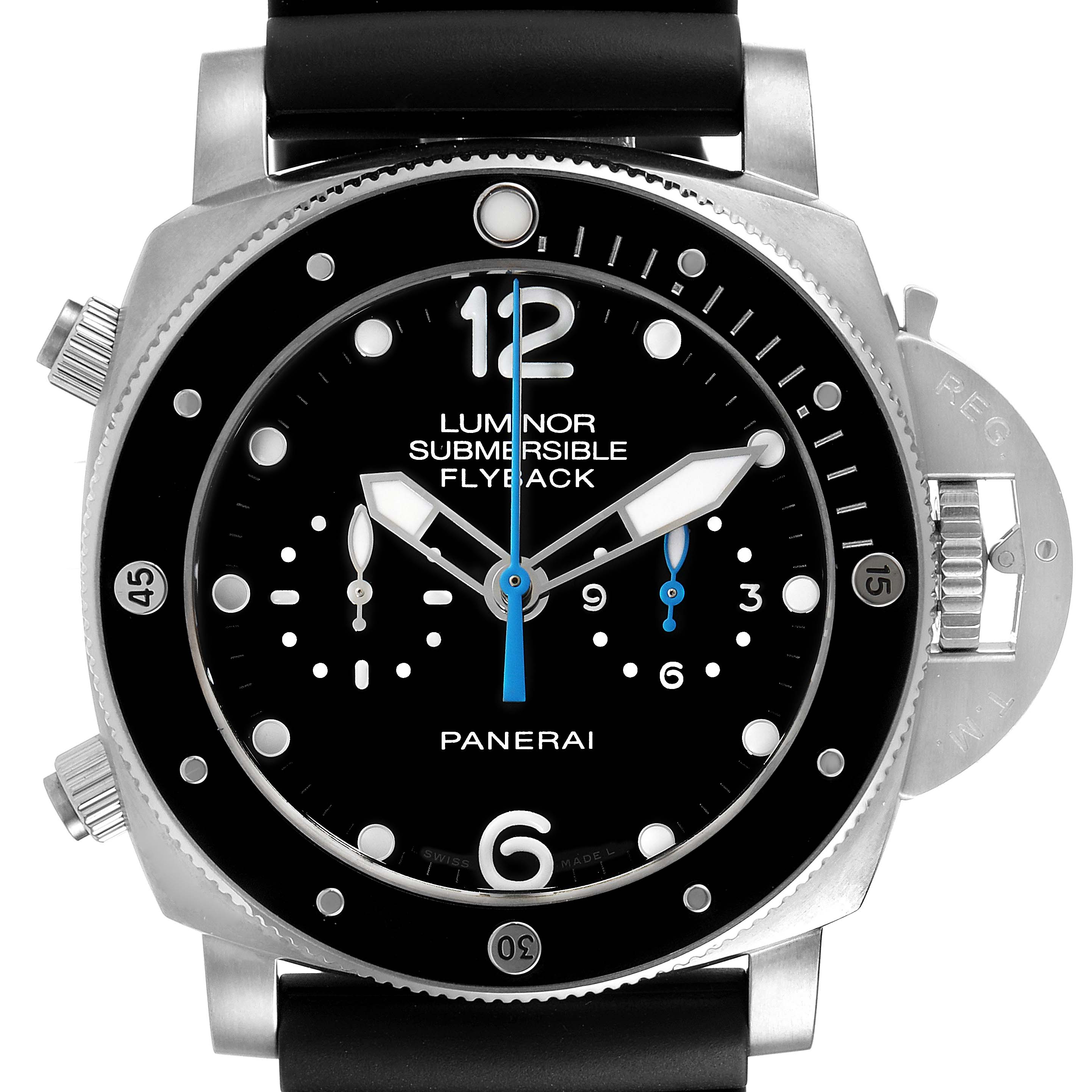 This image shows a front view of a Panerai Submersible PAM00615 Men's Titanium Black Dial PAM00615 Men's Titanium Black Dial model watch, detailing the dial, bezel, and case.