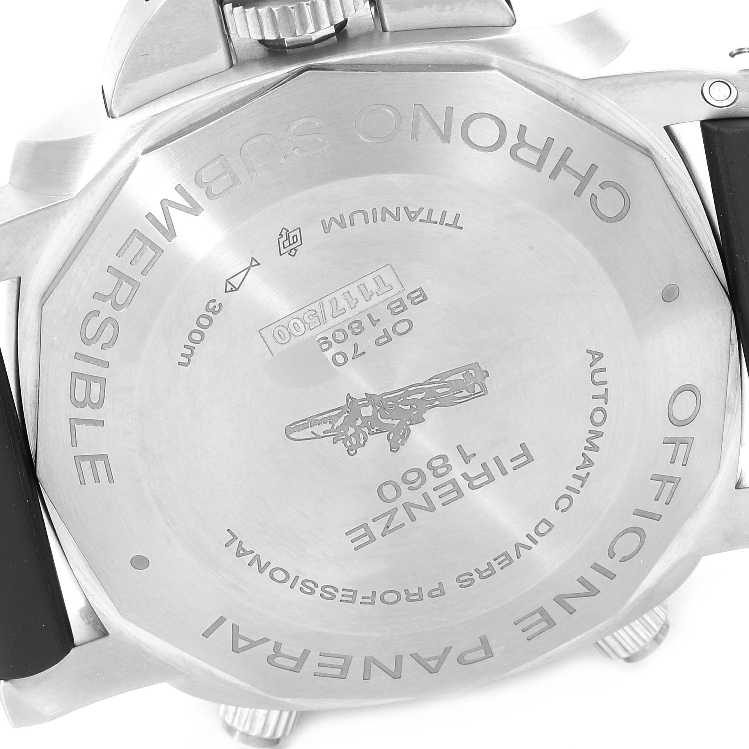 The image shows the back case of a Panerai Submersible PAM00615 Men's Titanium Black Dial PAM00615 Men's Titanium Black Dial watch, displaying the model details and engravings.