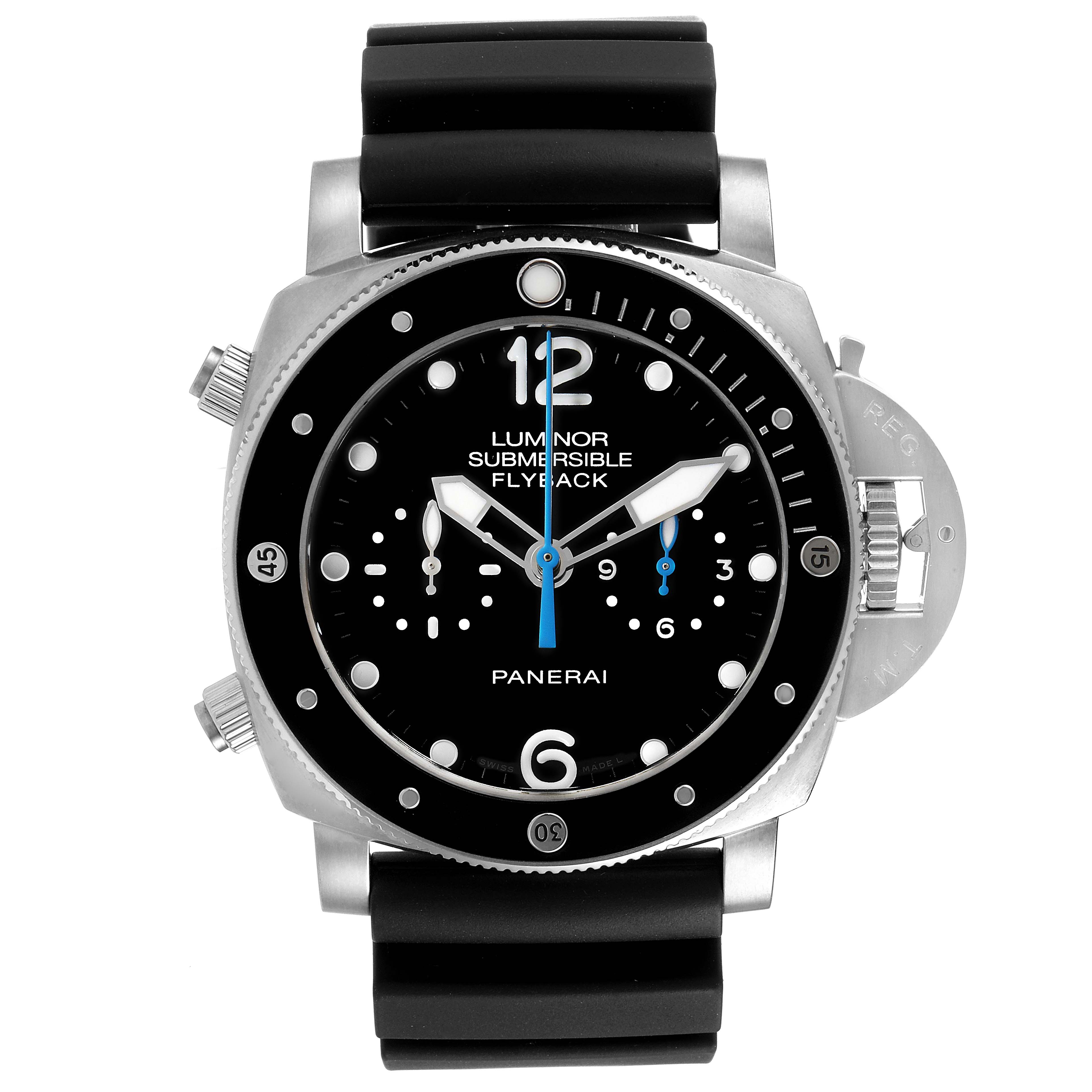 The image shows a front view of a Panerai Luminor Submersible Flyback watch, highlighting its dial, bezel, and rubber strap.