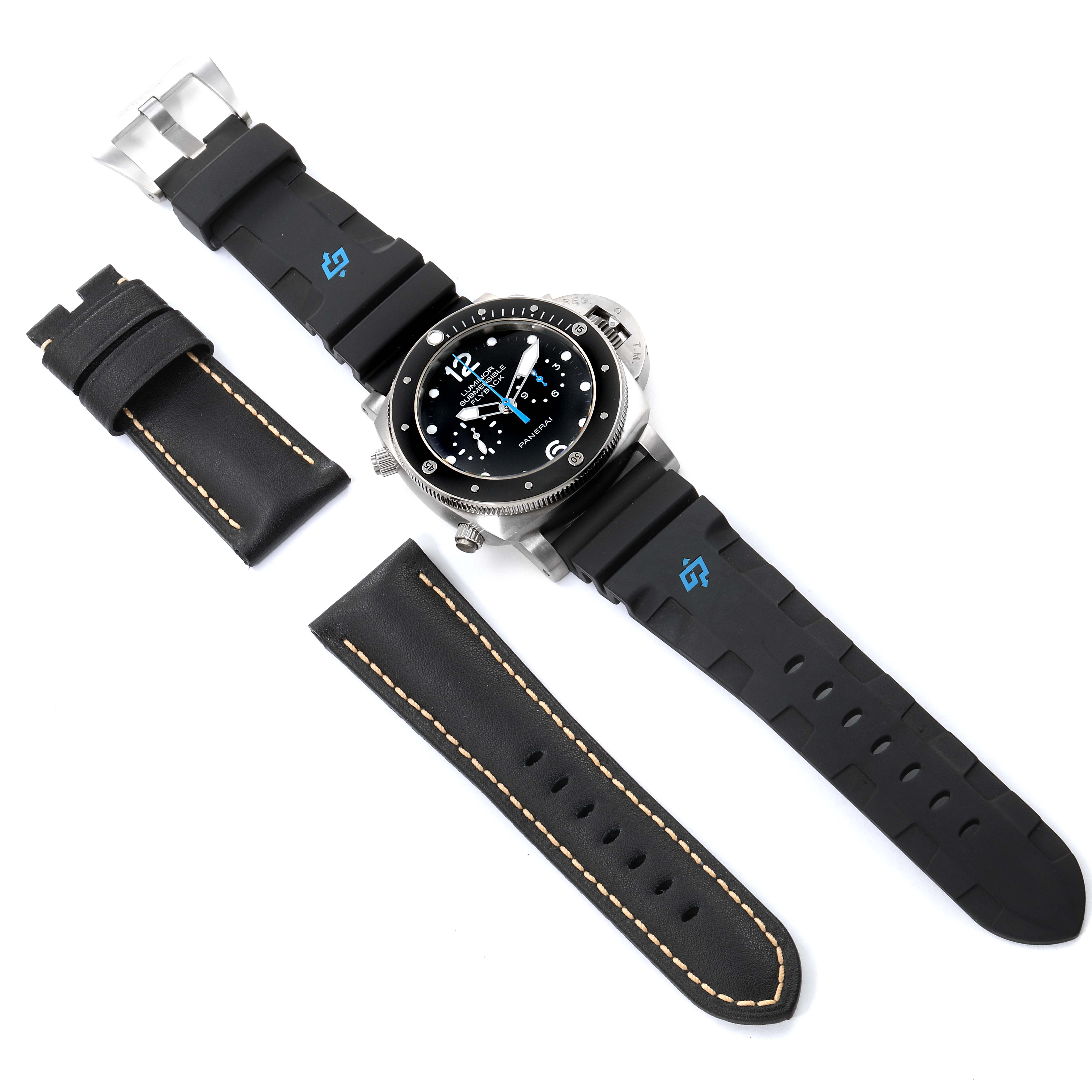 The image shows a Panerai Submersible PAM00615 Men's Titanium Black Dial PAM00615 Men's Titanium Black Dial watch and two replacement straps, captured from a top-down angle.