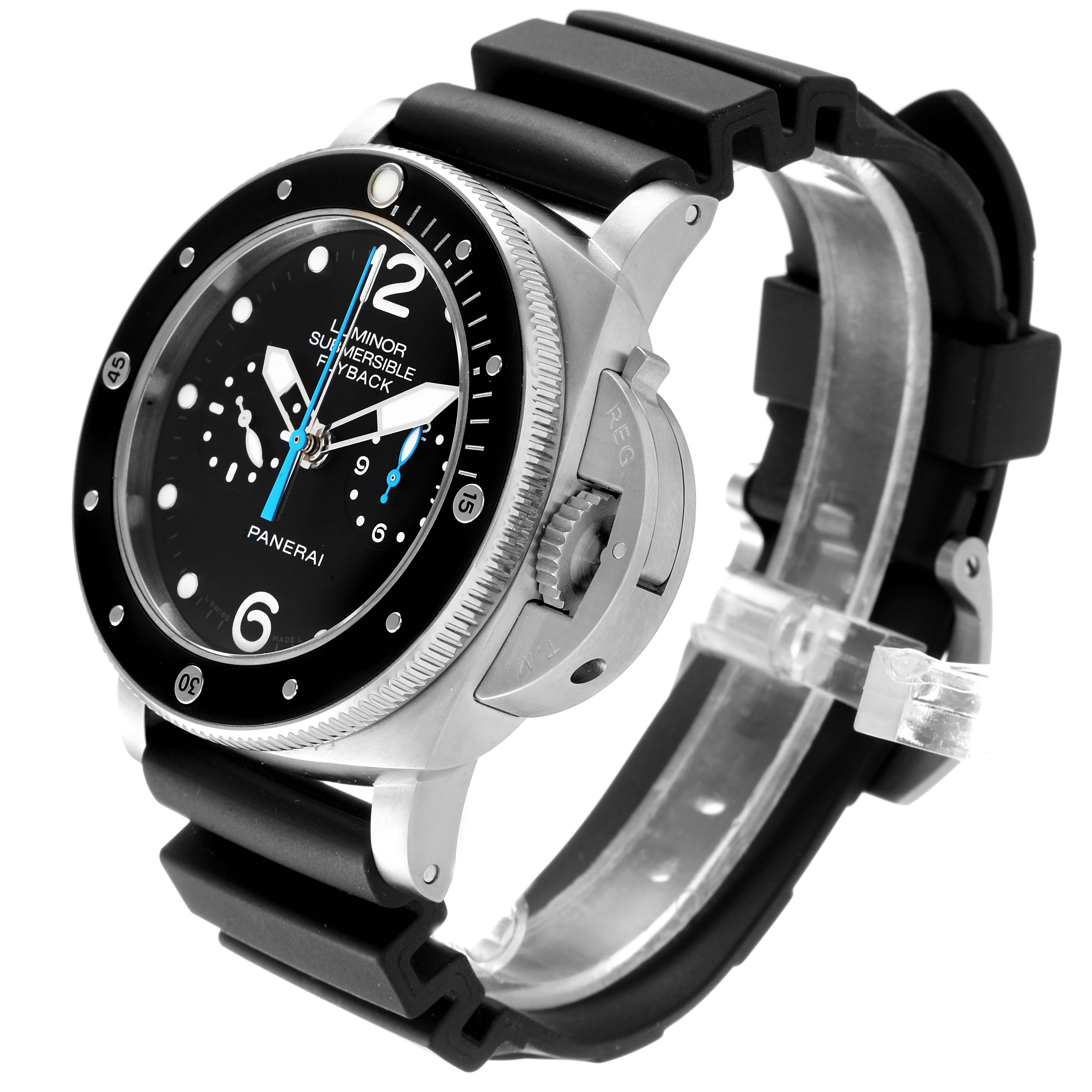 The Panerai Submersible PAM00615 Men's Titanium Black Dial PAM00615 Men's Titanium Black Dial watch is shown at a three-quarter angle, highlighting the face, bezel, and rubber strap.