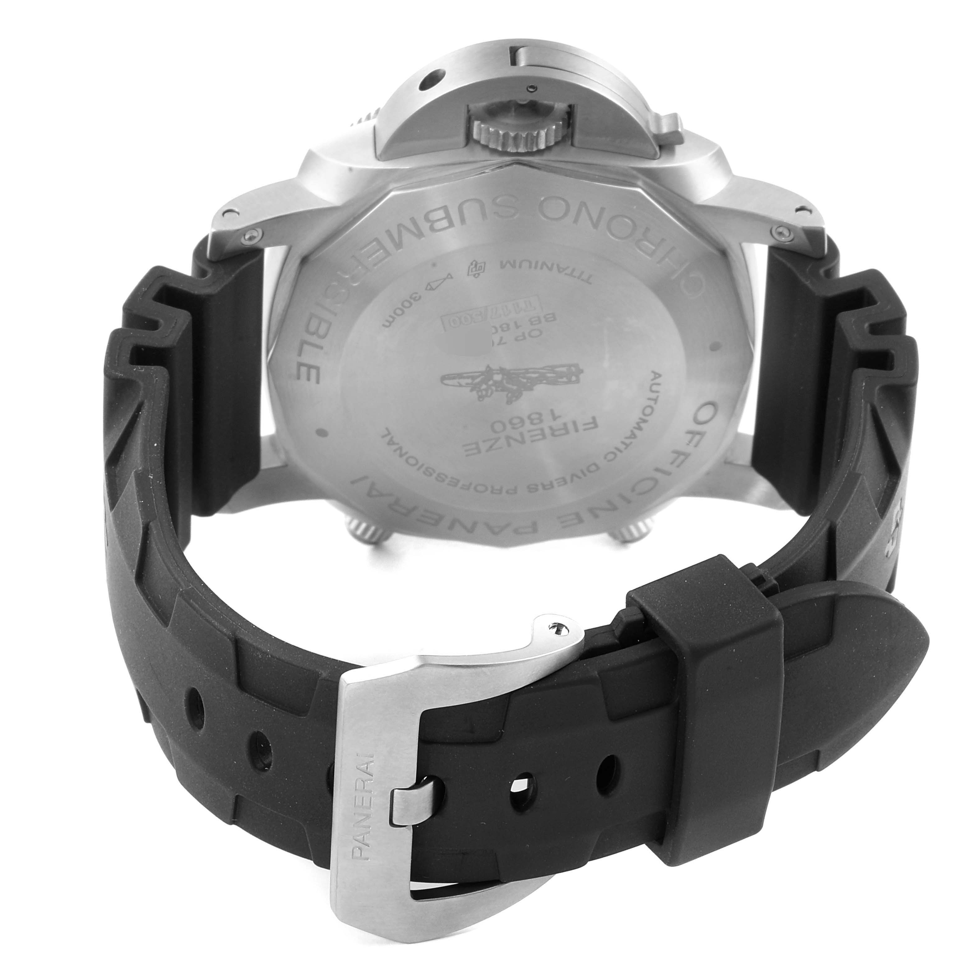 The image shows the back and strap of a Panerai Submersible PAM00615 Men's Titanium Black Dial PAM00615 Men's Titanium Black Dial watch, highlighting its buckle and case back details.