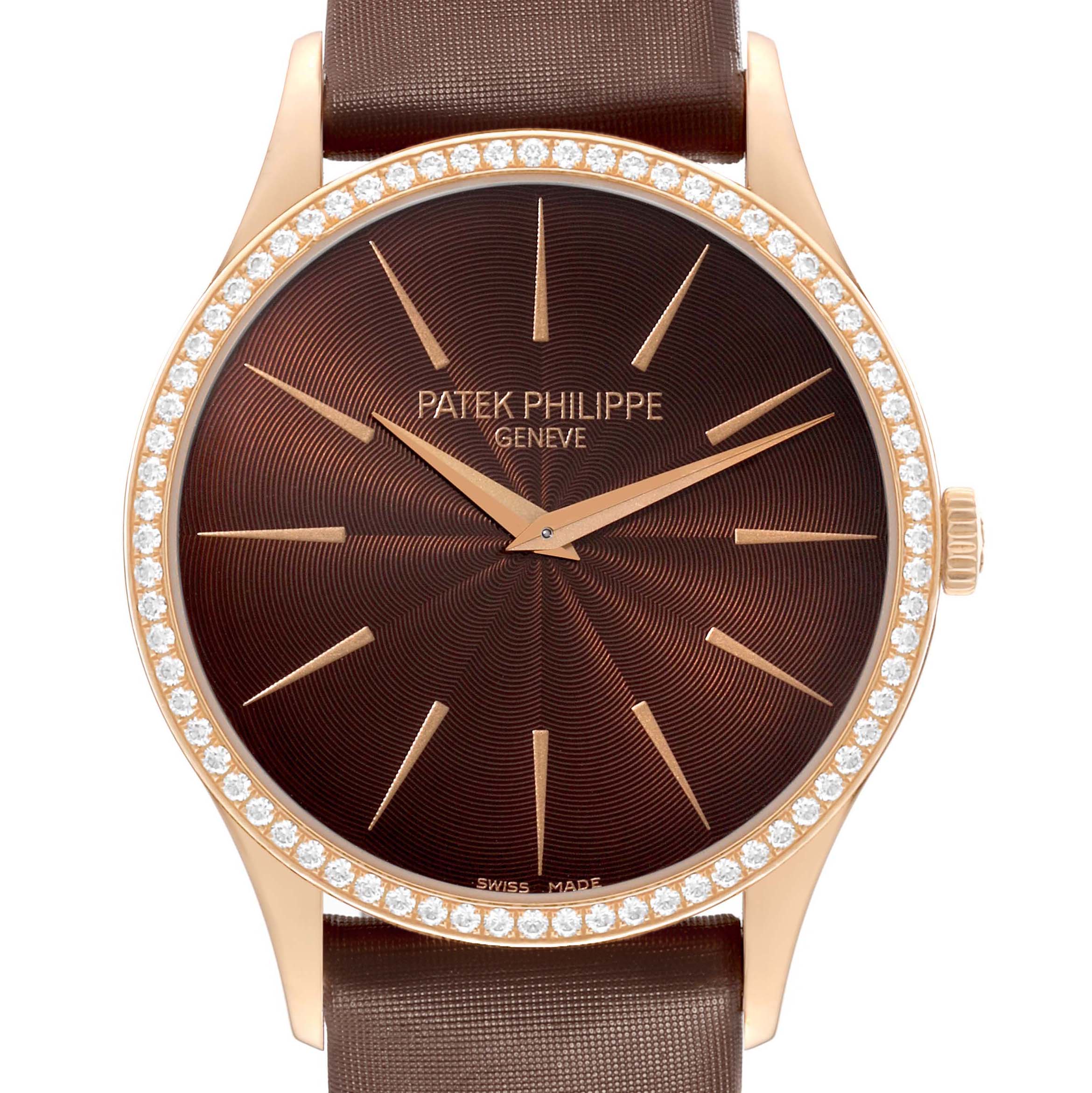 The image shows a front view of the Patek Philippe Calatrava 4897R-001 Womens Rose Gold Brown Dial watch, highlighting its brown dial, diamond-set bezel, and strap.