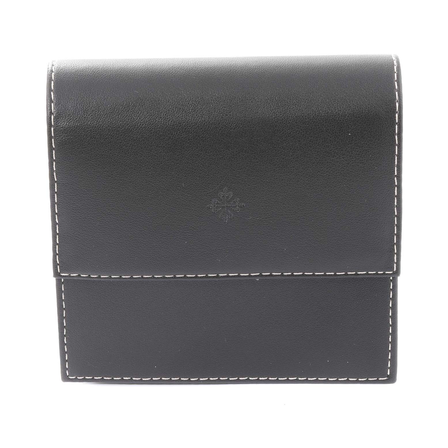 The image shows a black leather case, likely an accessory for a Patek Philippe Calatrava 4897R-001 Womens Rose Gold Brown Dial watch, viewed from the front.