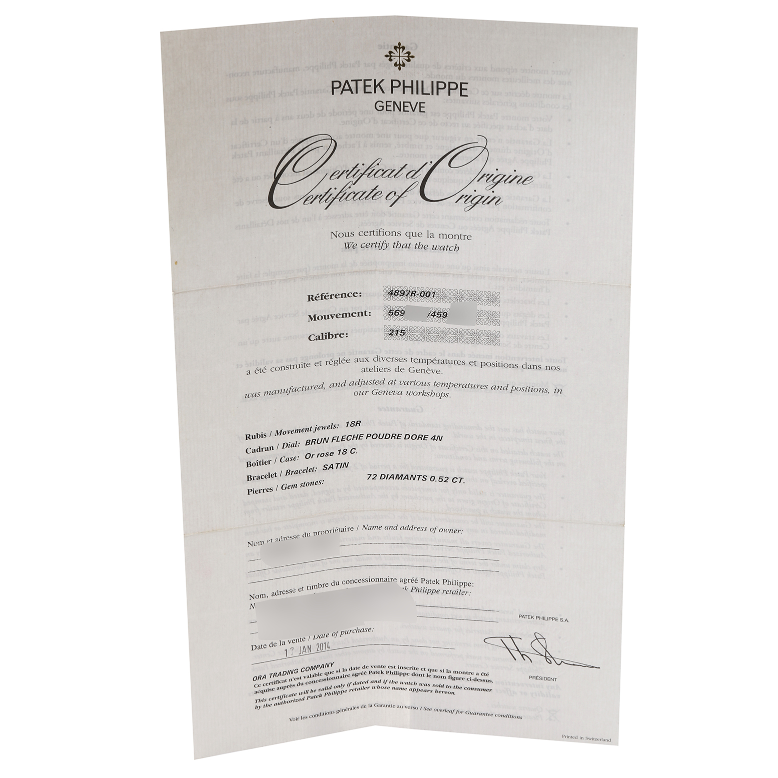 The image shows the Patek Philippe Calatrava 4897R-001 Womens Rose Gold Brown Dials Certificate of Origin, detailing watch specifications and purchase information.