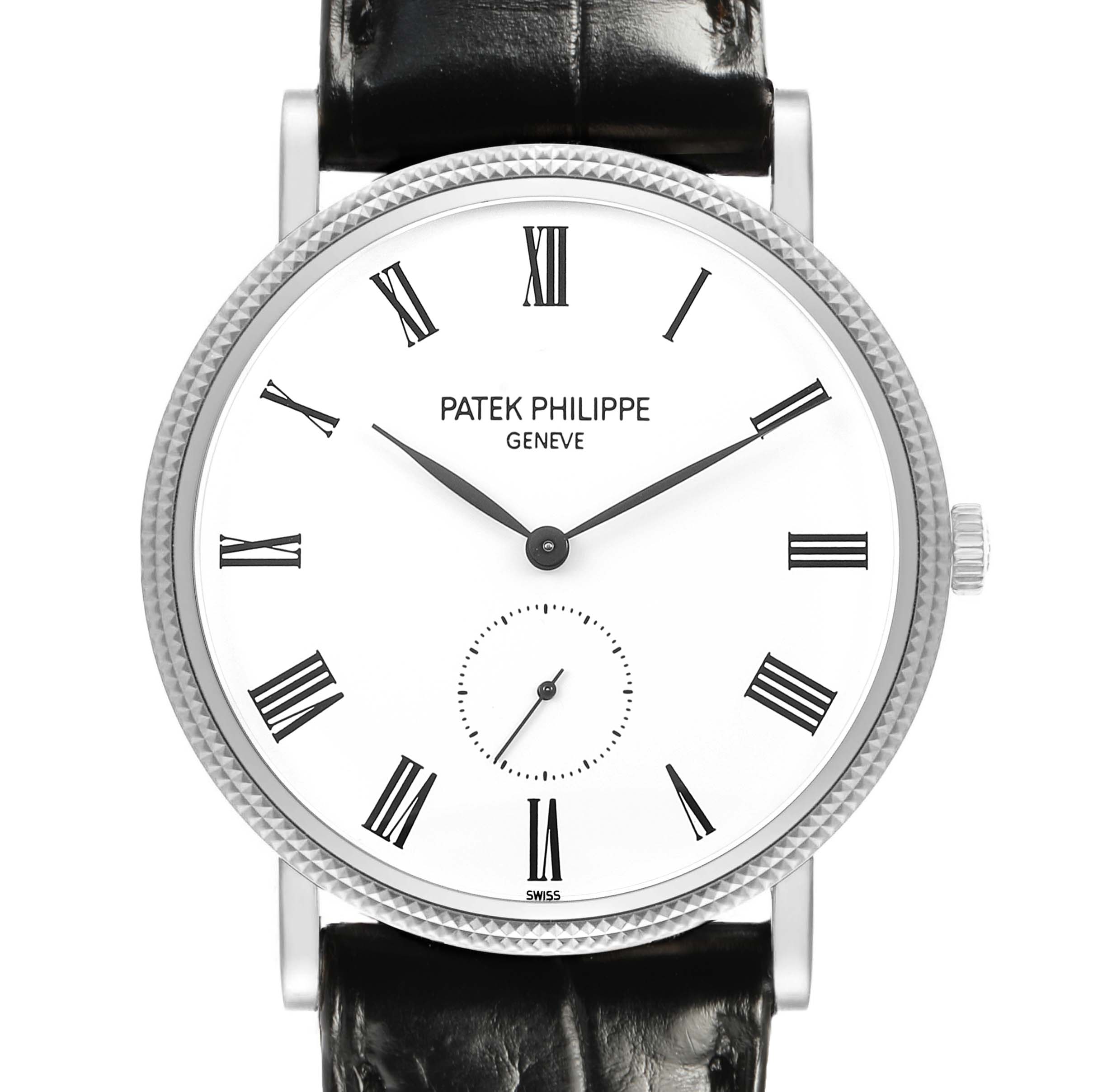 The image shows a front view of the Patek Philippe Calatrava 5119G-001 Men's White Gold White Dial watch, displaying its dial, Roman numerals, and black leather strap.