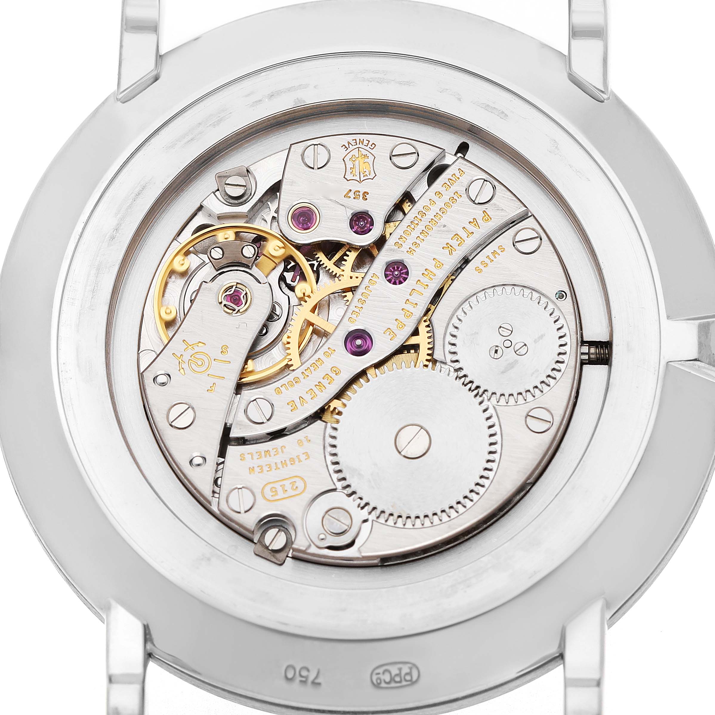 The image shows the back view of a Patek Philippe Calatrava 5119G-001 Men's White Gold White Dial, displaying its intricate movement components.