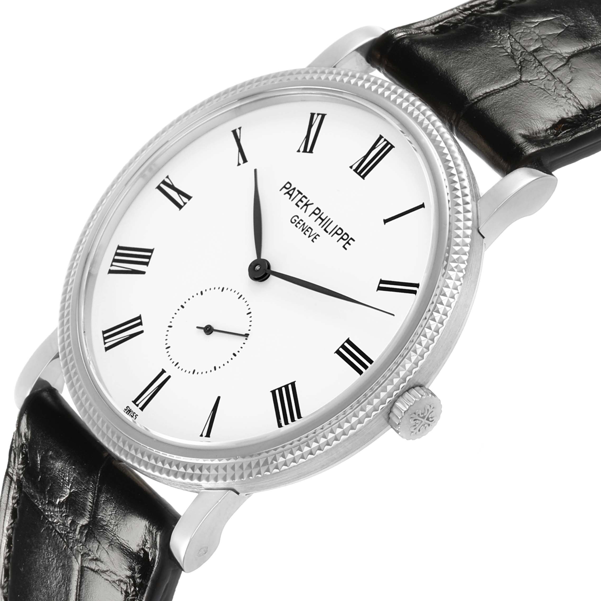 The Patek Philippe Calatrava 5119G-001 Men's White Gold White Dial watch is shown at a slight angle, highlighting the dial, bezel, crown, and leather strap.