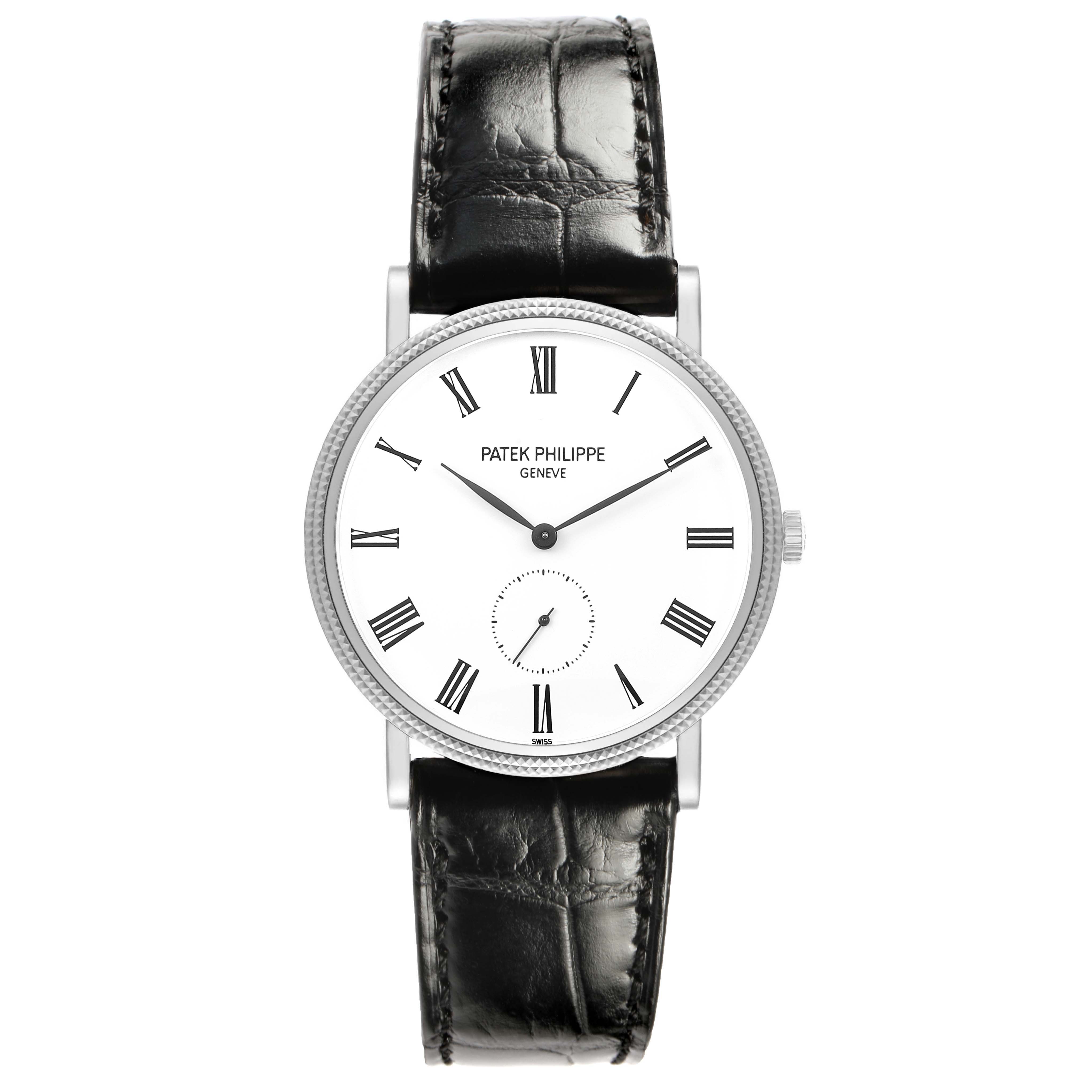 The Patek Philippe Calatrava 5119G-001 Men's White Gold White Dial watch is shown from the front, featuring its white dial, Roman numerals, and black leather strap.