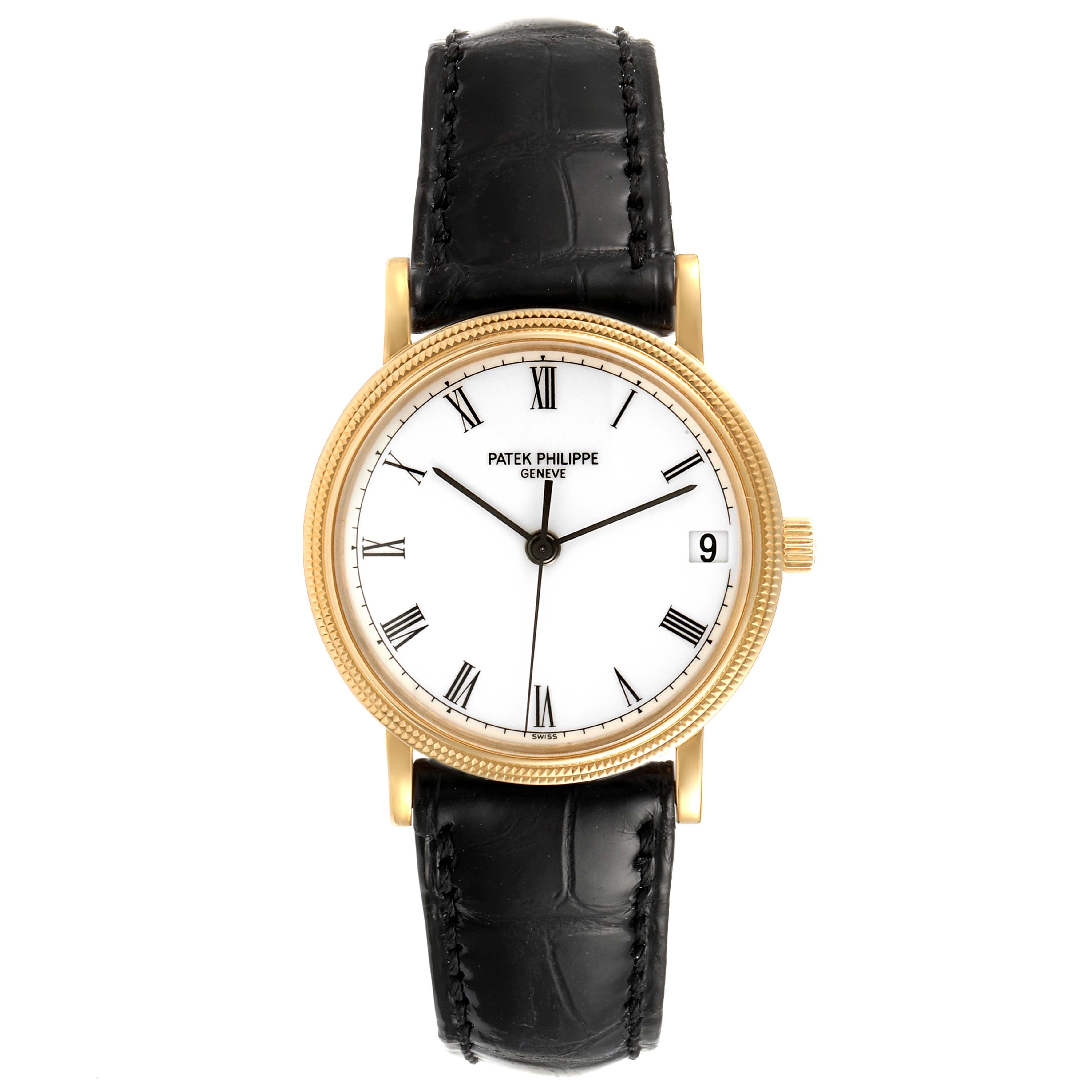 The image shows a front view of the Patek Philippe Calatrava 3802/200 Men's Yellow Gold White Dial 3802/200 Men's Yellow Gold White Dial watch with a gold case and black leather strap.
