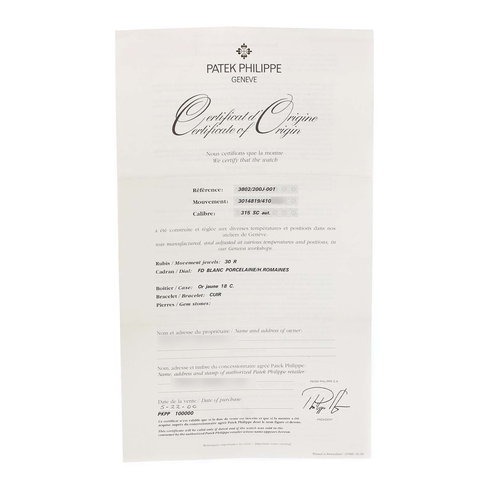 This image shows the certificate of origin for a Patek Philippe Calatrava 3802/200 Men's Yellow Gold White Dial 3802/200 Men's Yellow Gold White Dial model watch.