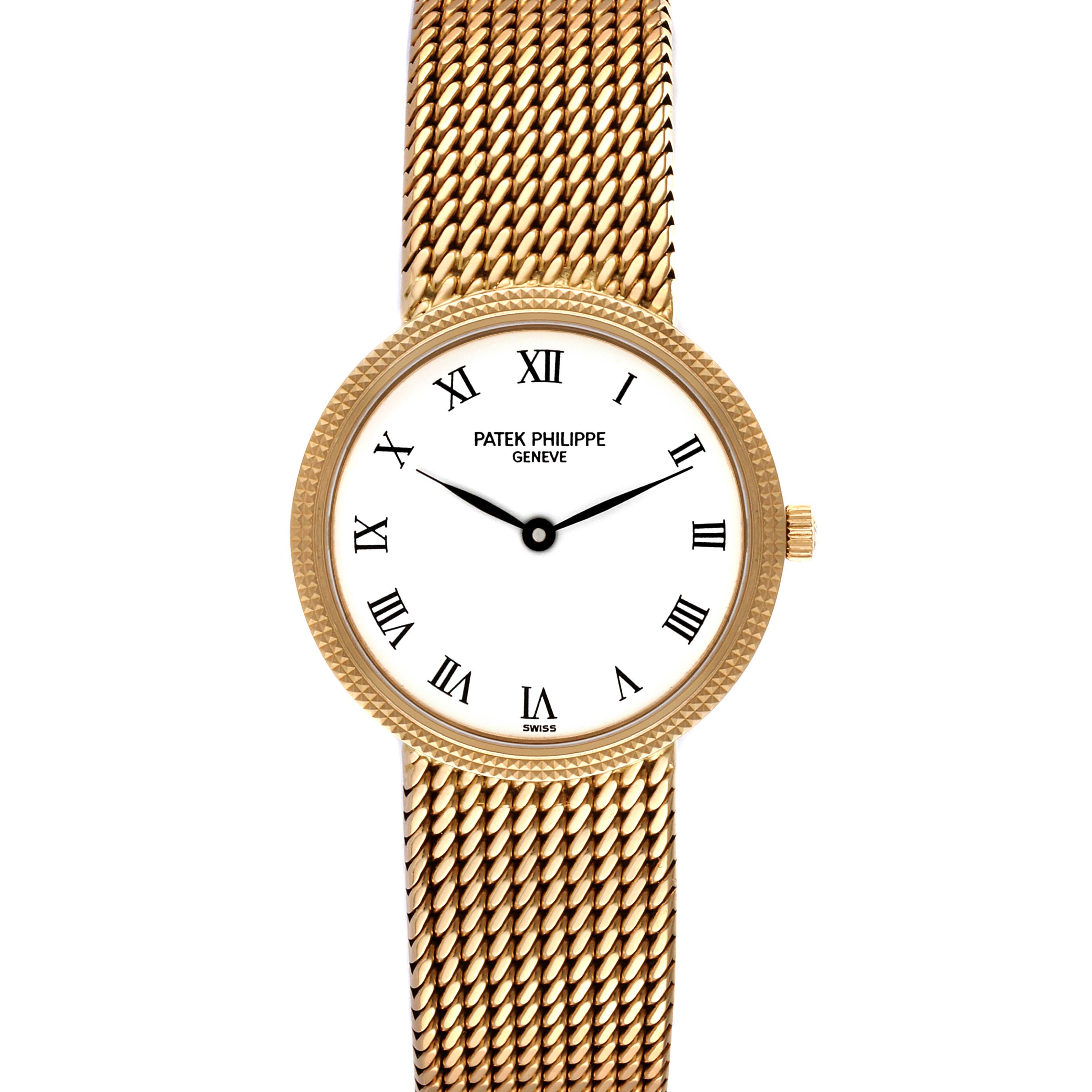 The image shows the front view of a Patek Philippe Calatrava 4819 Women's Yellow Gold White Dial 4819 Women's Yellow Gold White Dial watch, highlighting its white dial, Roman numerals, and gold mesh bracelet.