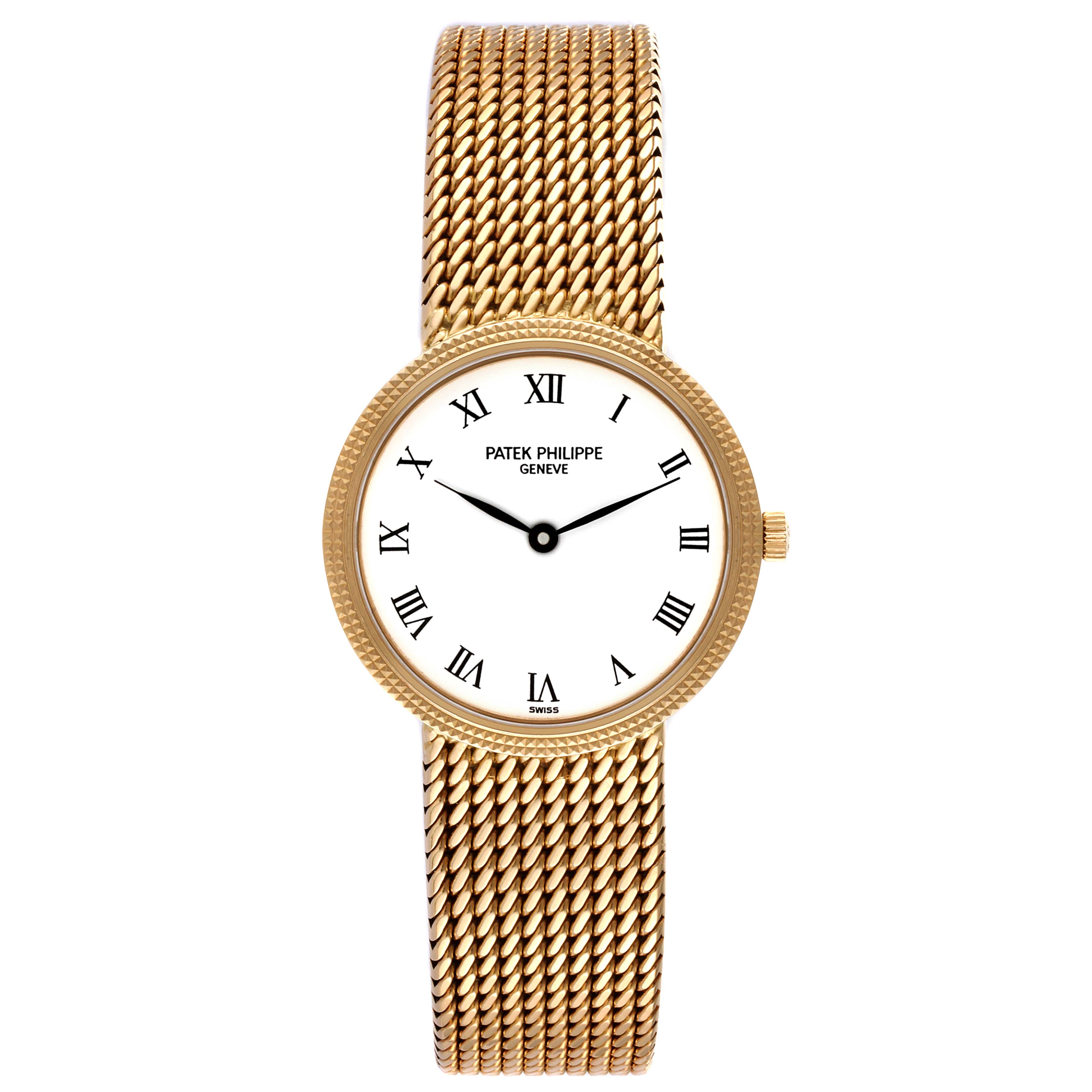 This image shows a front view of a Patek Philippe Calatrava 4819 Women's Yellow Gold White Dial 4819 Women's Yellow Gold White Dial watch with a gold mesh bracelet and a white dial with Roman numerals.