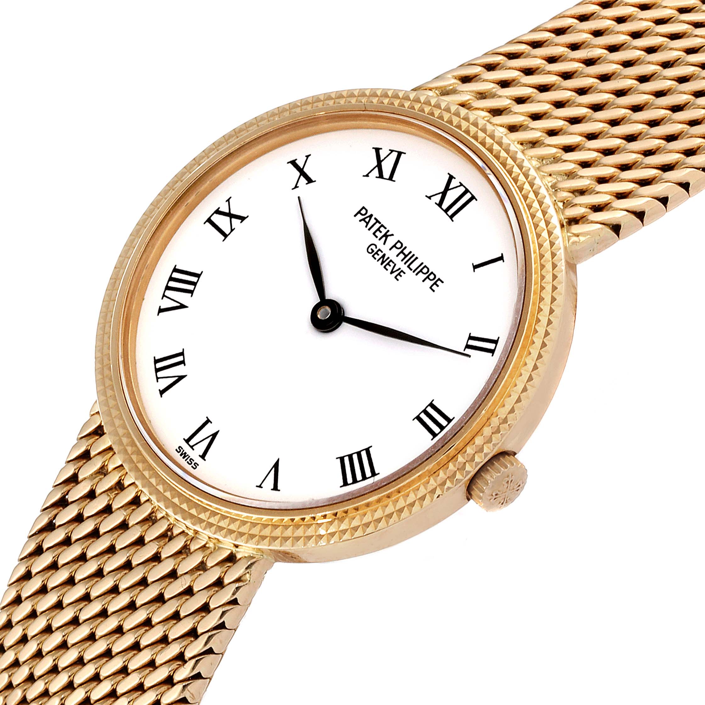 The image shows a Patek Philippe Calatrava 4819 Women's Yellow Gold White Dial 4819 Women's Yellow Gold White Dial watch from a top angle, highlighting its gold mesh strap and white dial with Roman numerals.