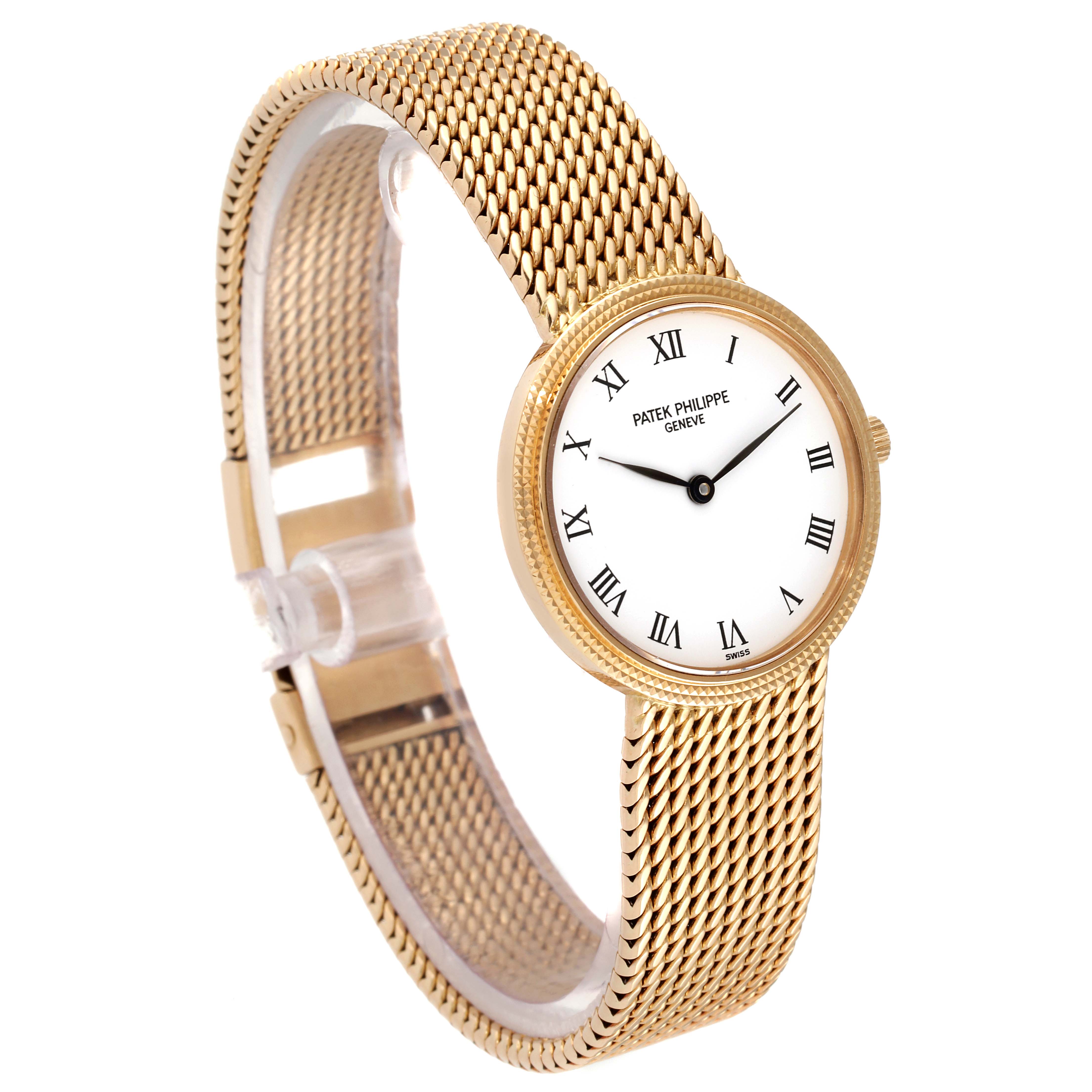 The image displays the full front view of the Patek Philippe Calatrava 4819 Women's Yellow Gold White Dial 4819 Women's Yellow Gold White Dial watch, highlighting the dial and mesh bracelet.