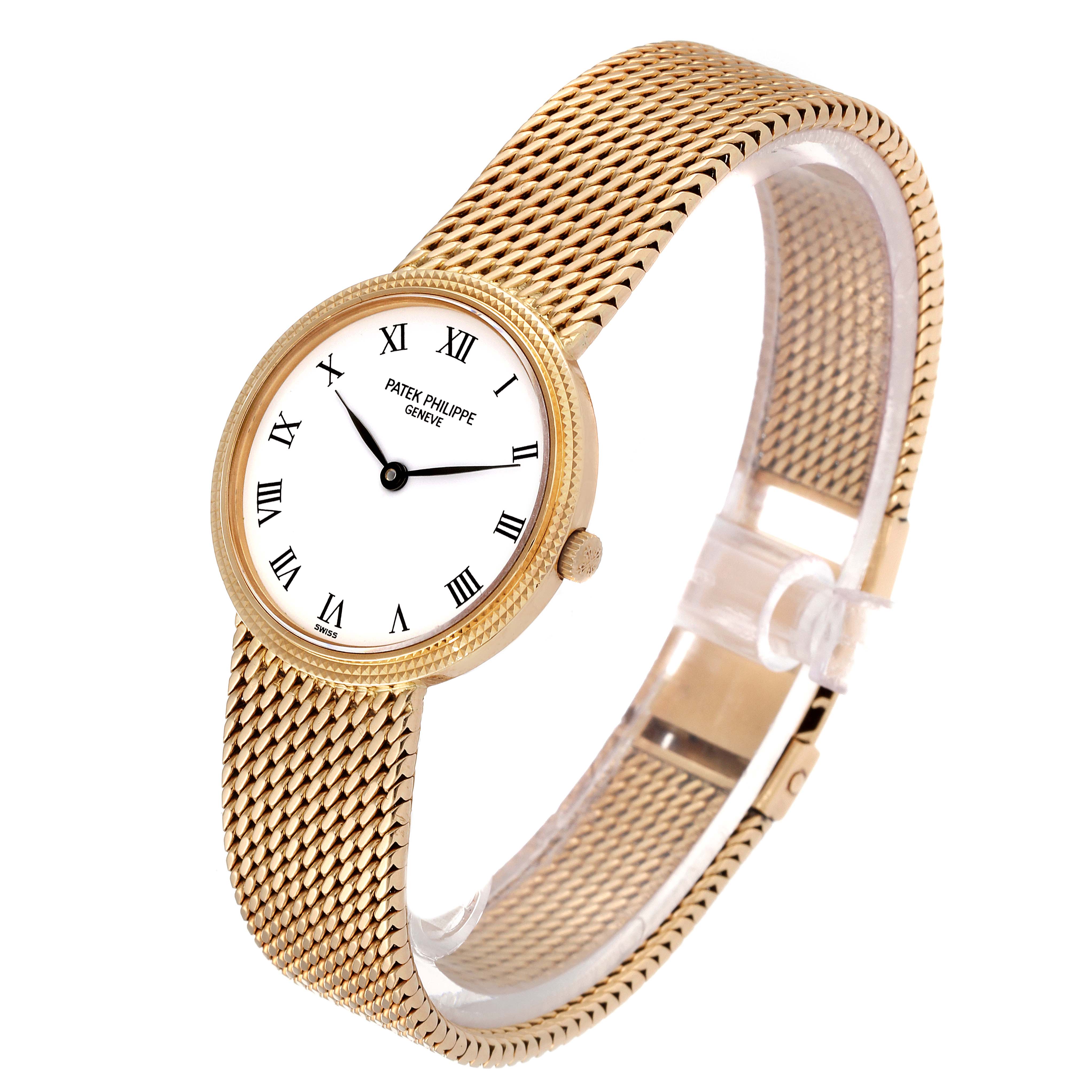 This image shows a gold Patek Philippe Calatrava 4819 Women's Yellow Gold White Dial 4819 Women's Yellow Gold White Dial watch angled from the front-left, displaying its dial, crown, and mesh bracelet.
