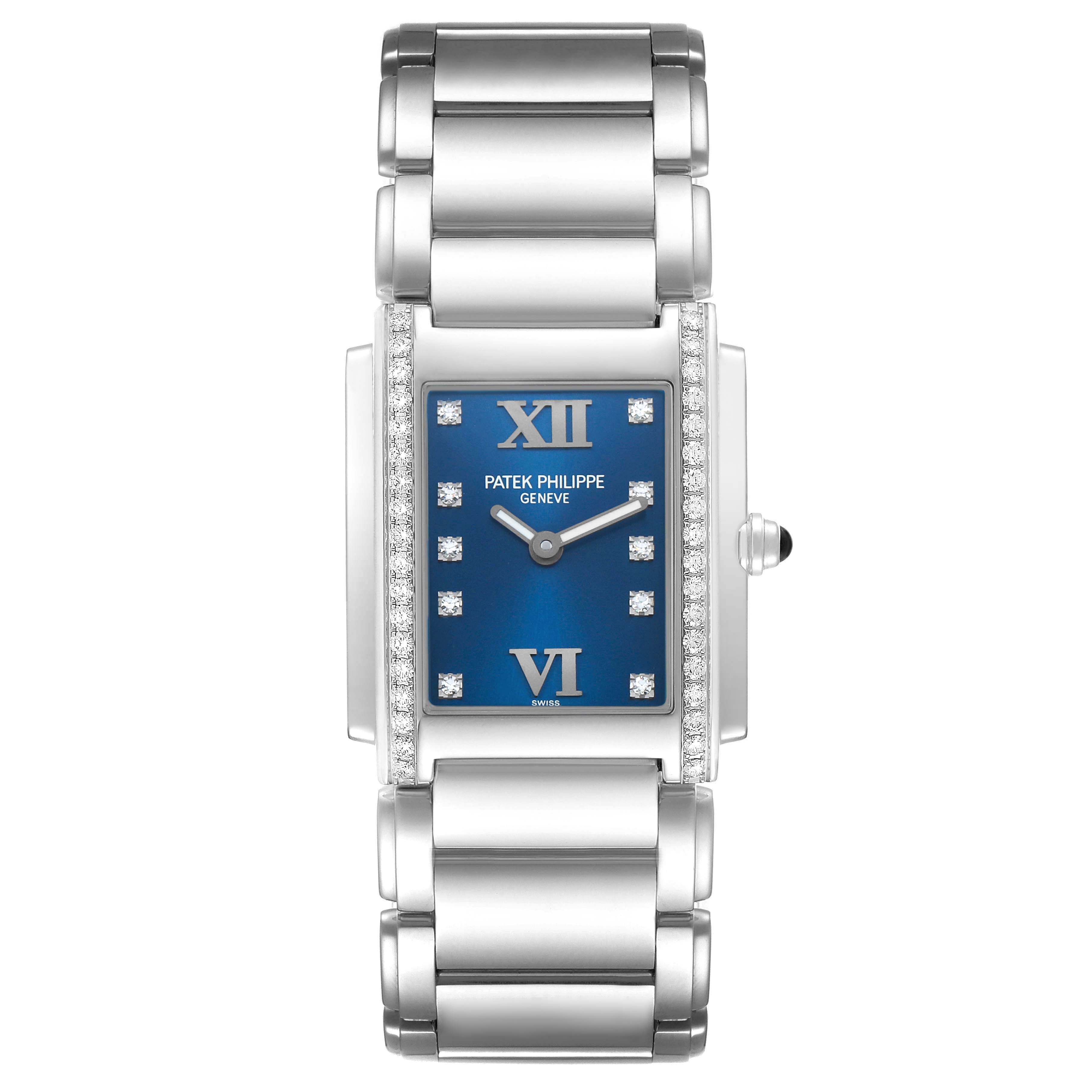 The Patek Philippe Twenty-4 4910A Women's Stainless Steel Blue Dial watch is shown from a top view, featuring the blue dial, diamond markers, and silver bracelet.