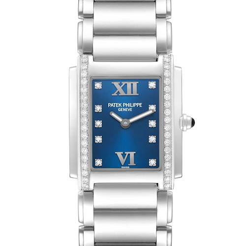 The Patek Philippe Twenty-4 4910A Women's Stainless Steel Blue Dial watch is shown from a top-down angle, highlighting its blue dial and diamond-set bezel.