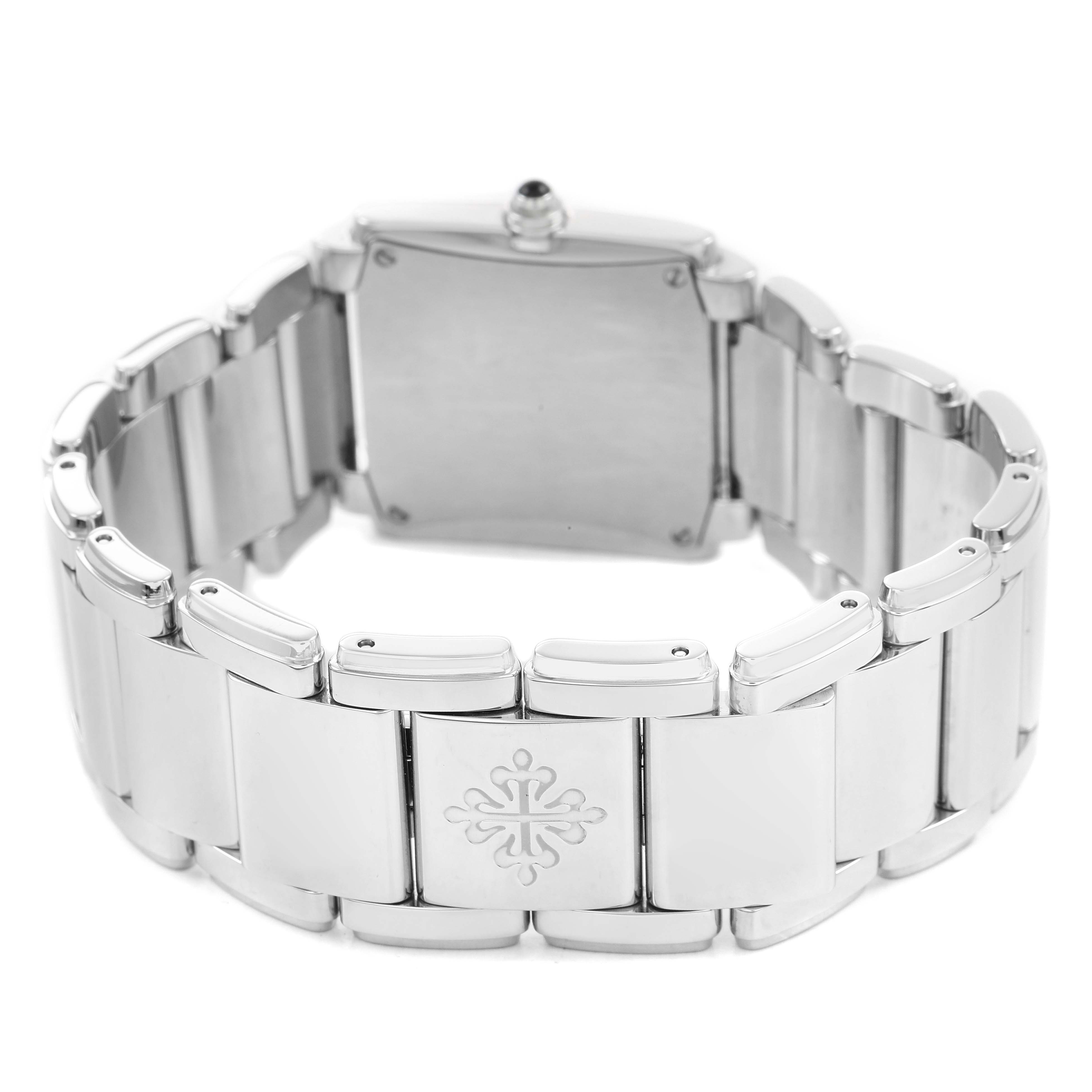 The image shows the back view of the Patek Philippe Twenty-4 4910A Women's Stainless Steel Blue Dial watch, highlighting the bracelet and case back.