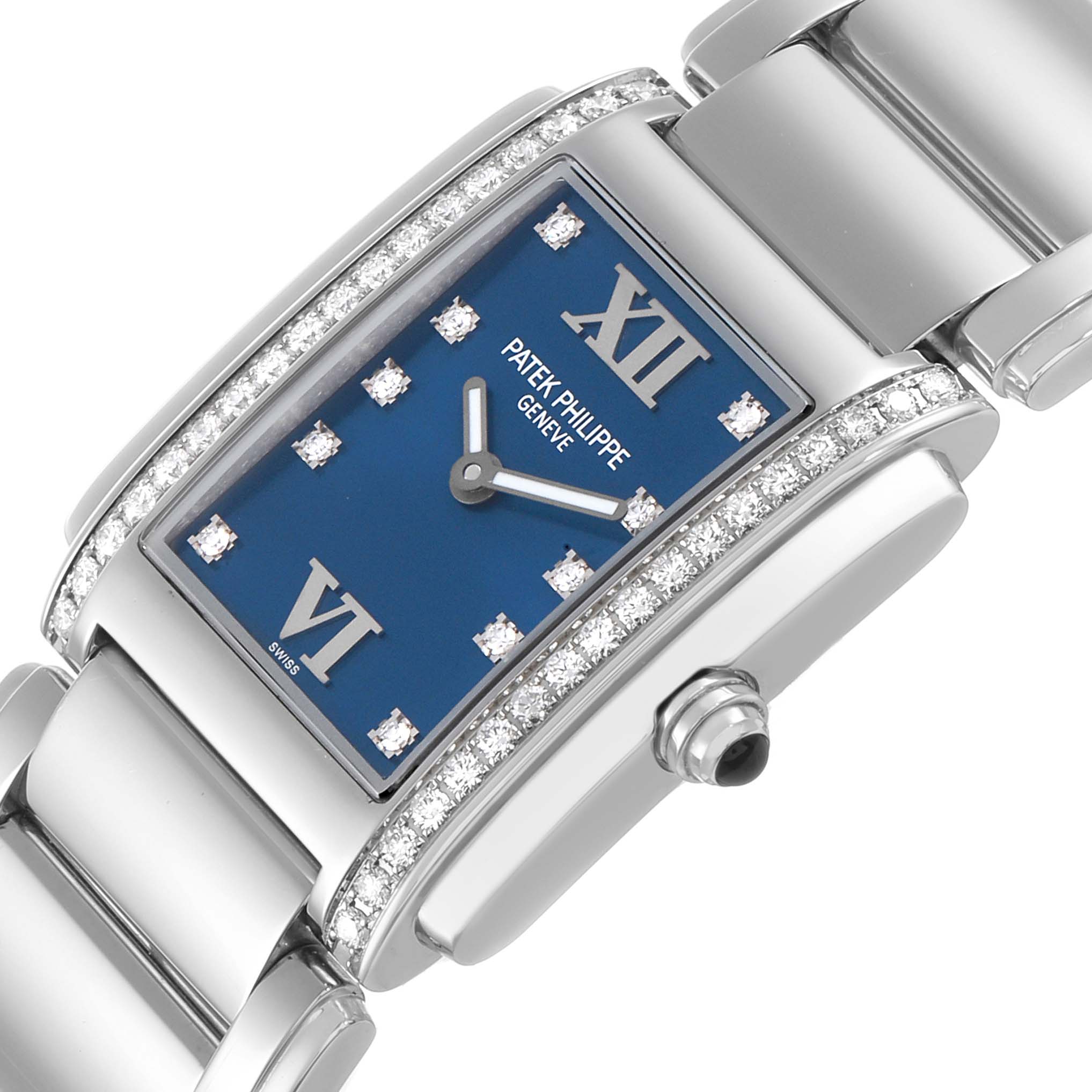 The Patek Philippe Twenty-4 4910A Women's Stainless Steel Blue Dial watch is shown from an angled close-up, highlighting the face, bracelet, and diamond-set case.