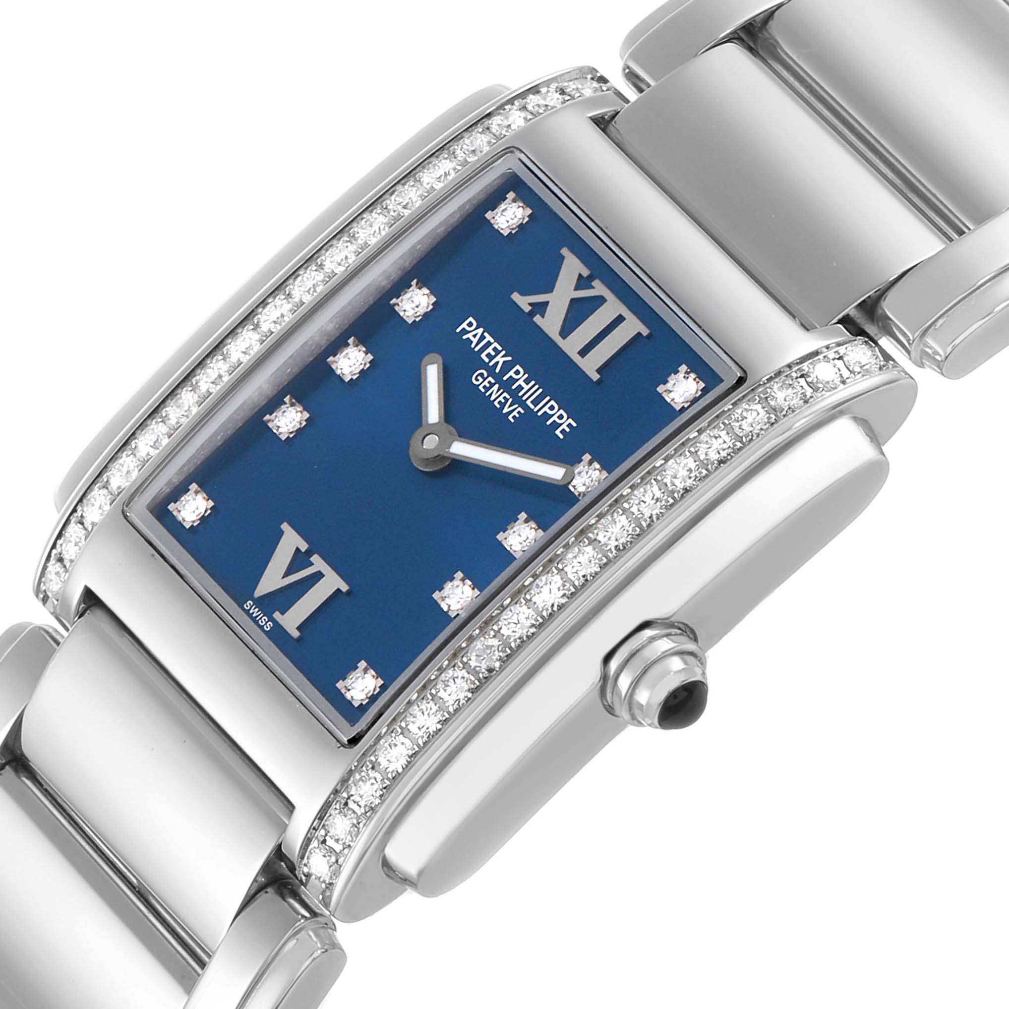 The Patek Philippe Twenty-4 4910A Women's Stainless Steel Blue Dial watch is shown at an angled close-up, highlighting the blue dial, diamond bezel, and crown.