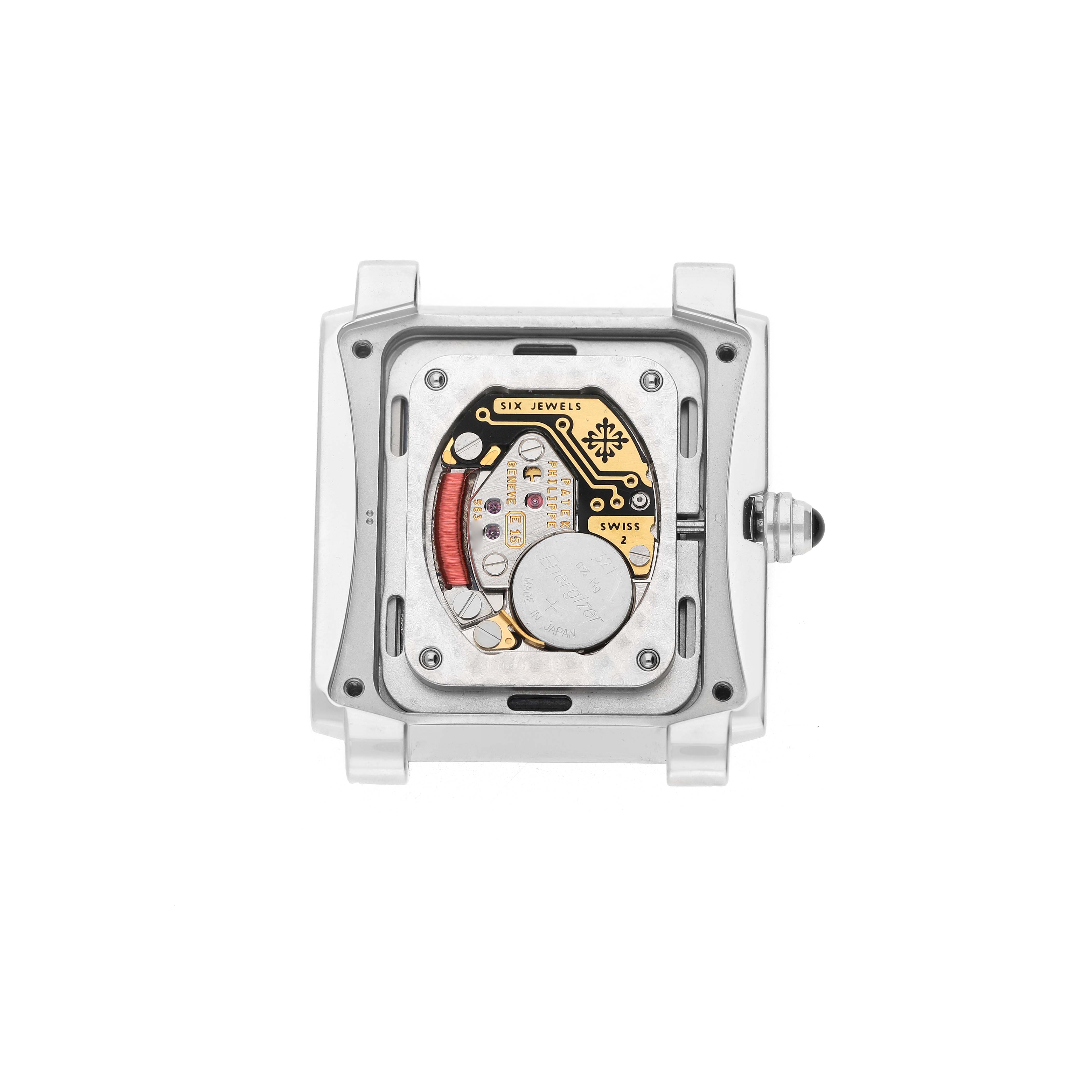 This image shows the back view of a Patek Philippe Twenty-4 4910A Women's Stainless Steel Blue Dial model, highlighting its internal movement components.