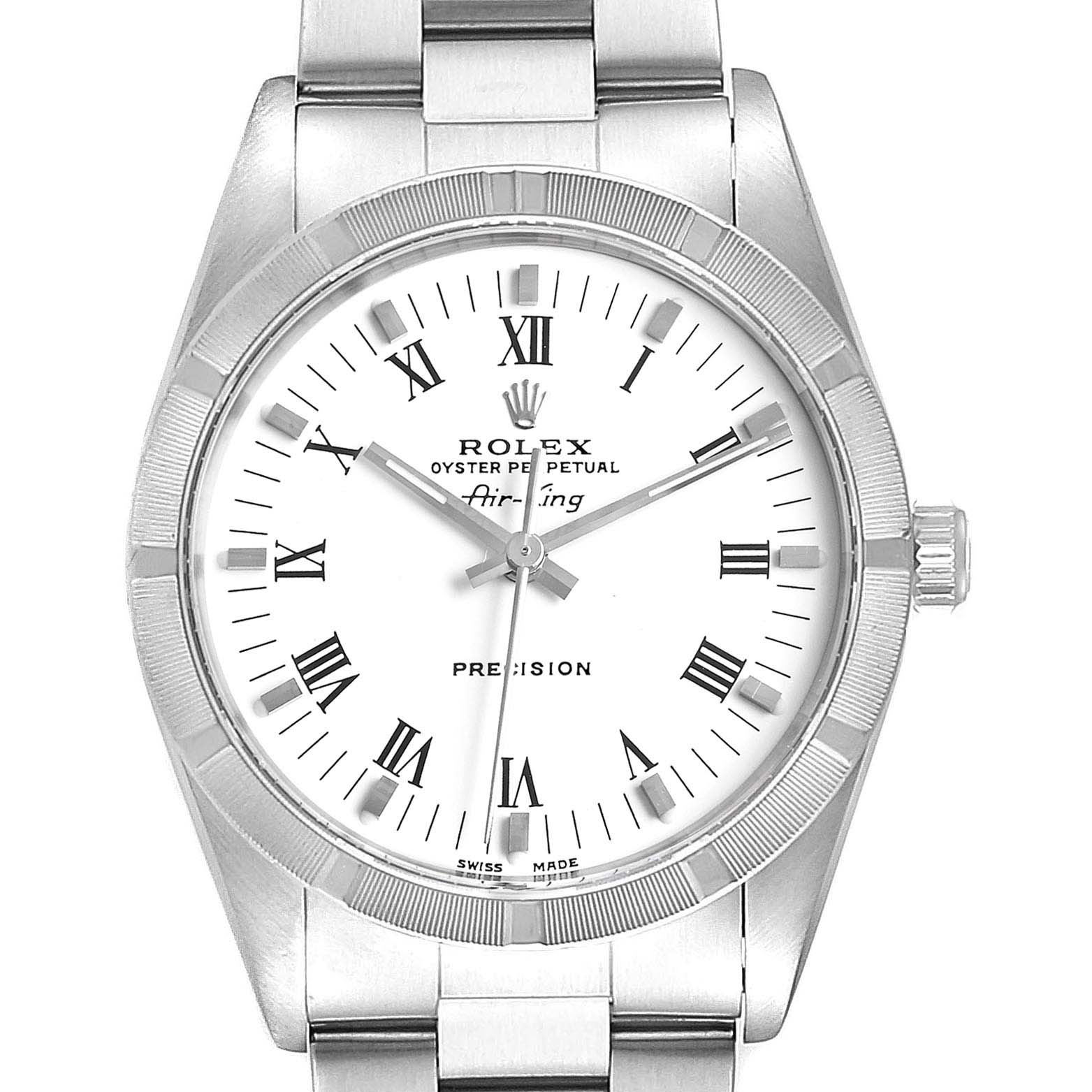 This image shows a front view of a Rolex Air-King 14010 Men's Stainless Steel White Dial 14010 Men's Stainless Steel White Dial watch, displaying its face, bezel, and part of the bracelet.
