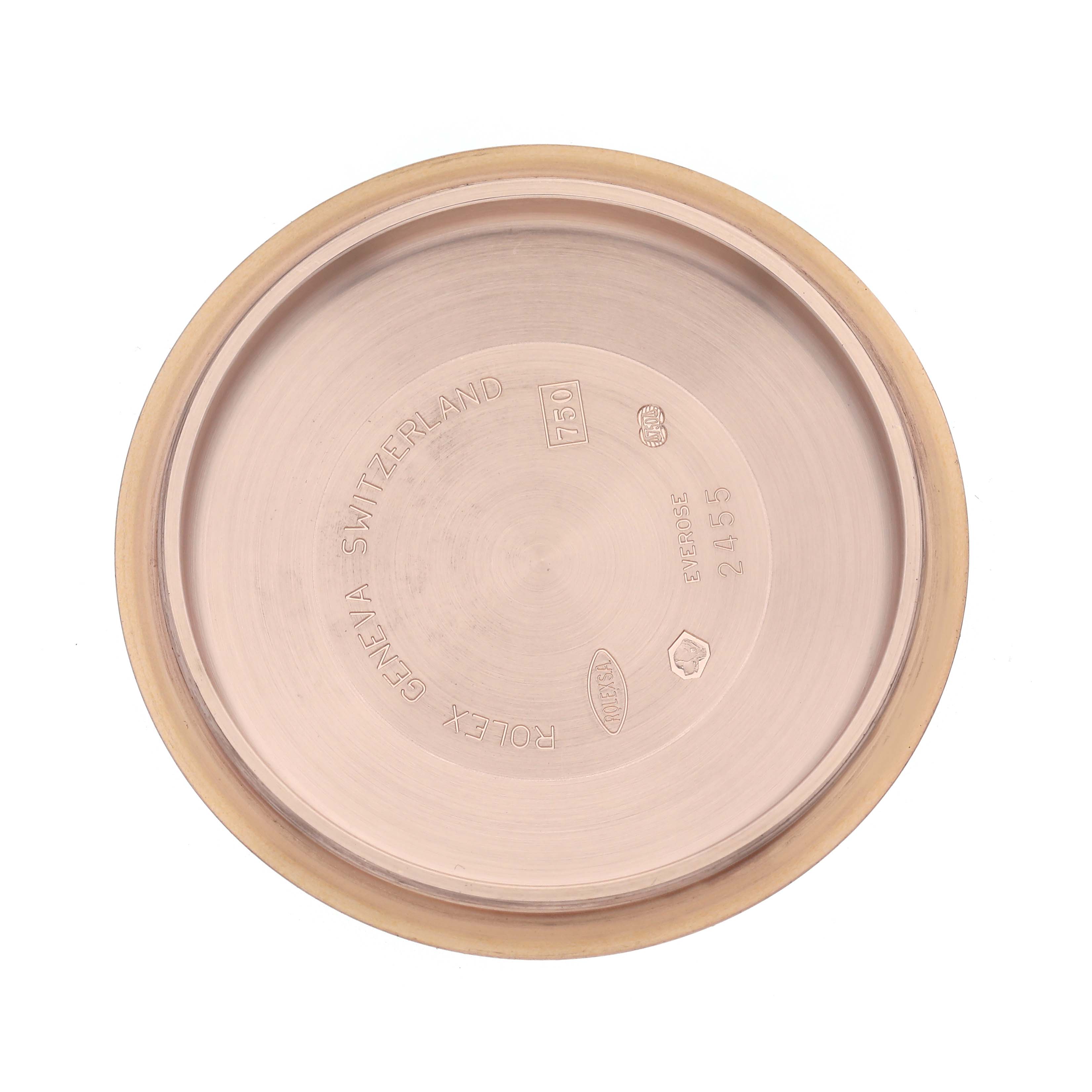 The image shows the interior of a Rolex Cellini 50515 Men
s Rose Gold Silver Dial 50515 Men
s Rose Gold Silver Dial watch case back from a top-down angle.