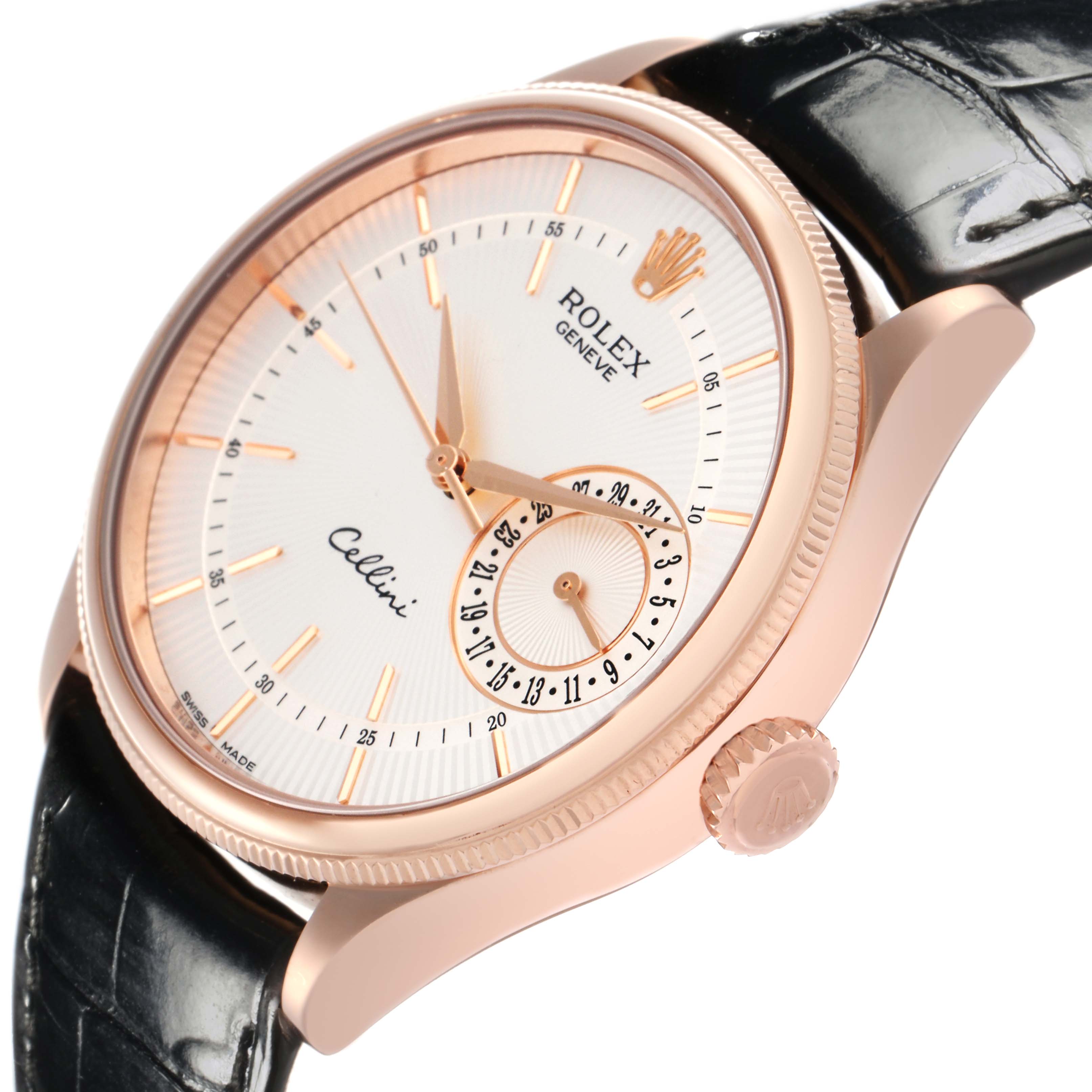 The Rolex Cellini 50515 Men
s Rose Gold Silver Dial 50515 Men
s Rose Gold Silver Dial watch is shown at an angle highlighting the dial, case, crown, and leather strap.