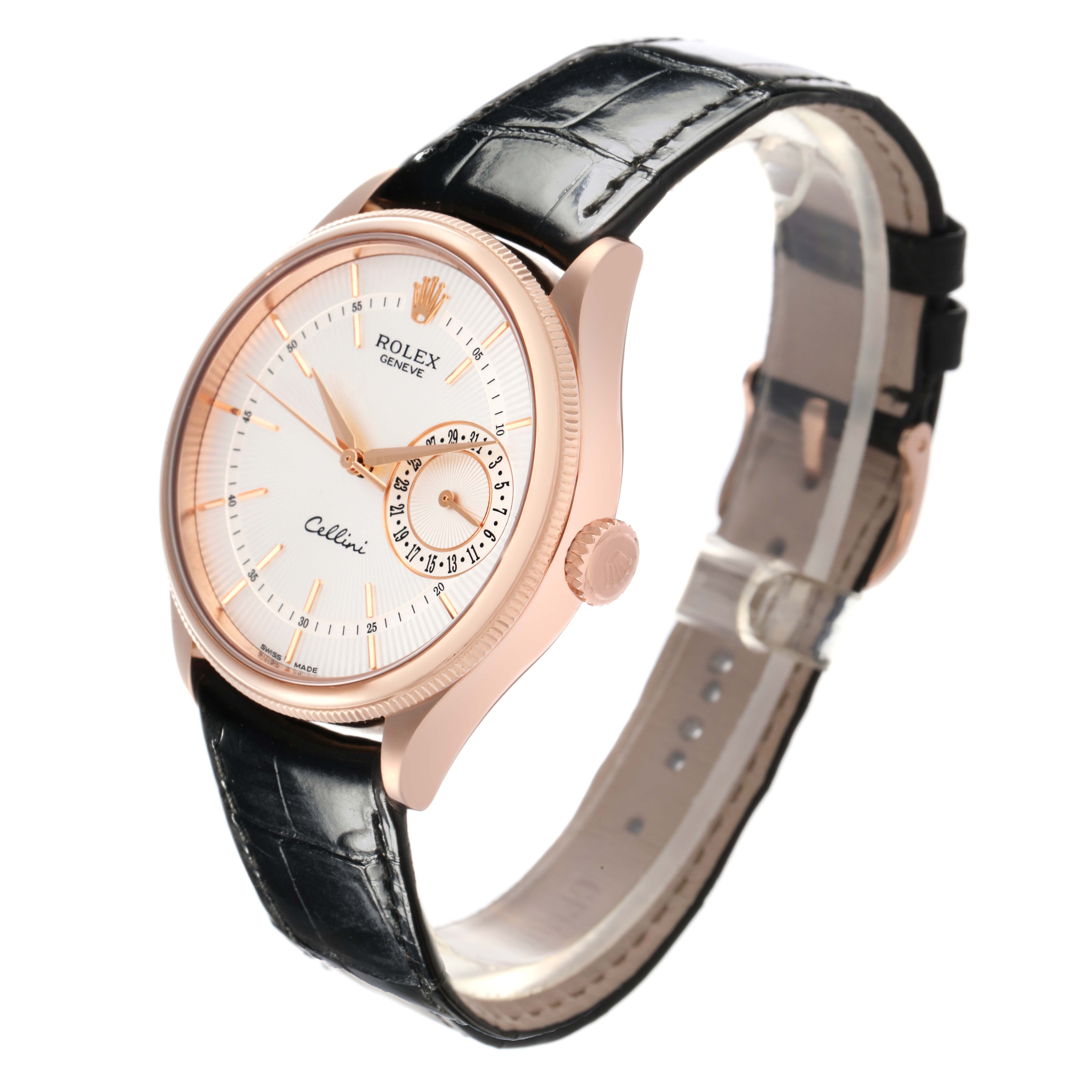 The Rolex Cellini 50515 Men
s Rose Gold Silver Dial 50515 Men
s Rose Gold Silver Dial watch is shown at a three-quarter angle, displaying the face, bezel, crown, and black leather strap.