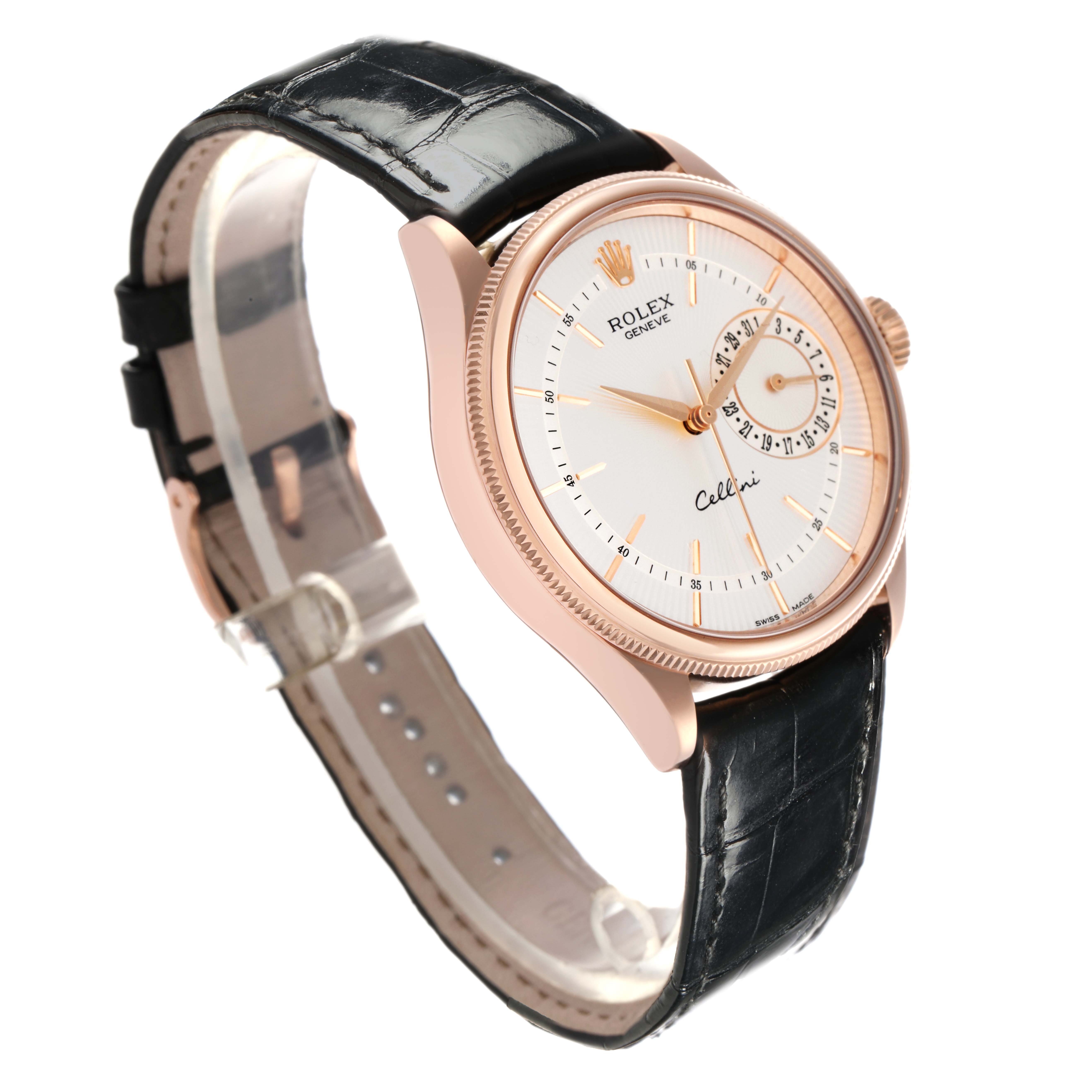 The Rolex Cellini 50515 Men
s Rose Gold Silver Dial 50515 Men
s Rose Gold Silver Dial watch is shown at a three-quarter angle, highlighting the face, bezel, and black leather strap.