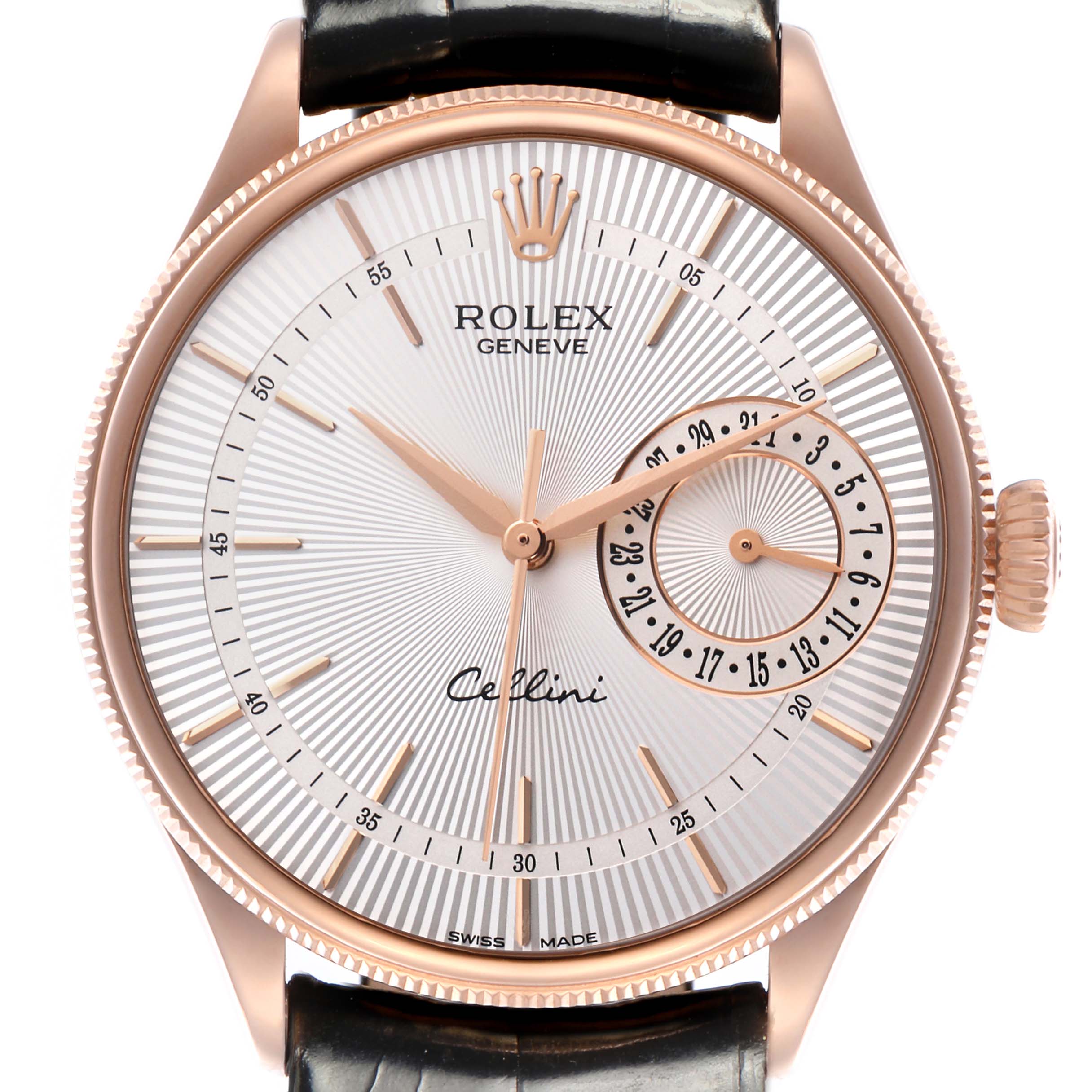 The Rolex Cellini 50515 Men
s Rose Gold Silver Dial 50515 Men
s Rose Gold Silver Dial watch is shown from a front angle, highlighting the dial, hands, crown, and strap.