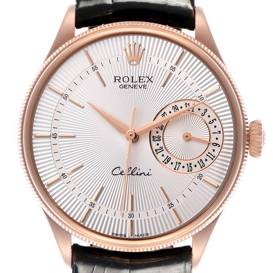The Rolex Cellini watch is shown from a front angle, highlighting the dial, hands, crown, and strap.