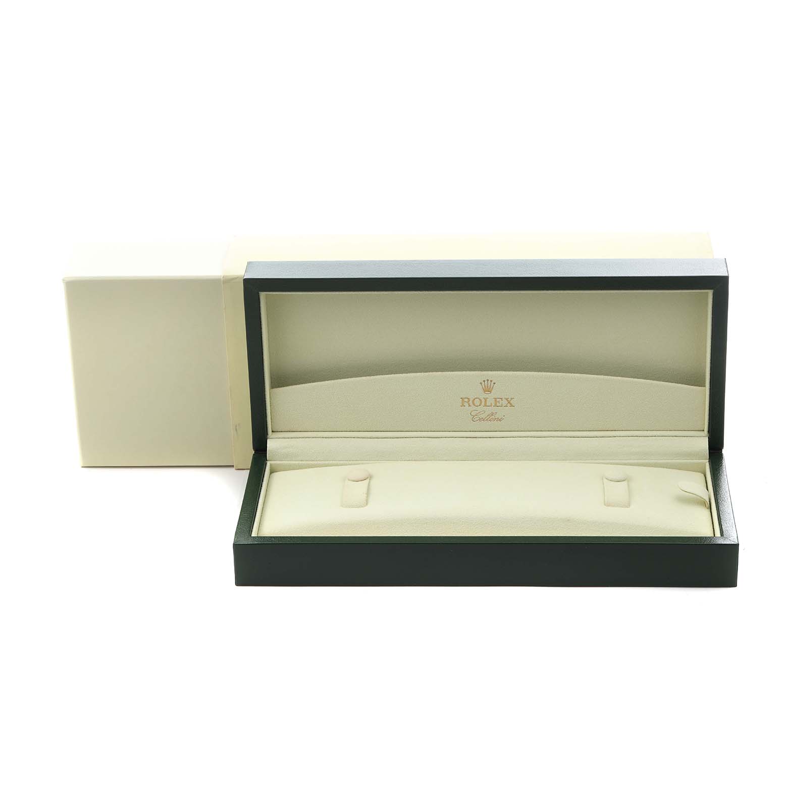 The image shows an open Rolex Cellini 50515 Men
s Rose Gold Silver Dial 50515 Men
s Rose Gold Silver Dial watch box, viewed from the front, with the interior cushioning visible.