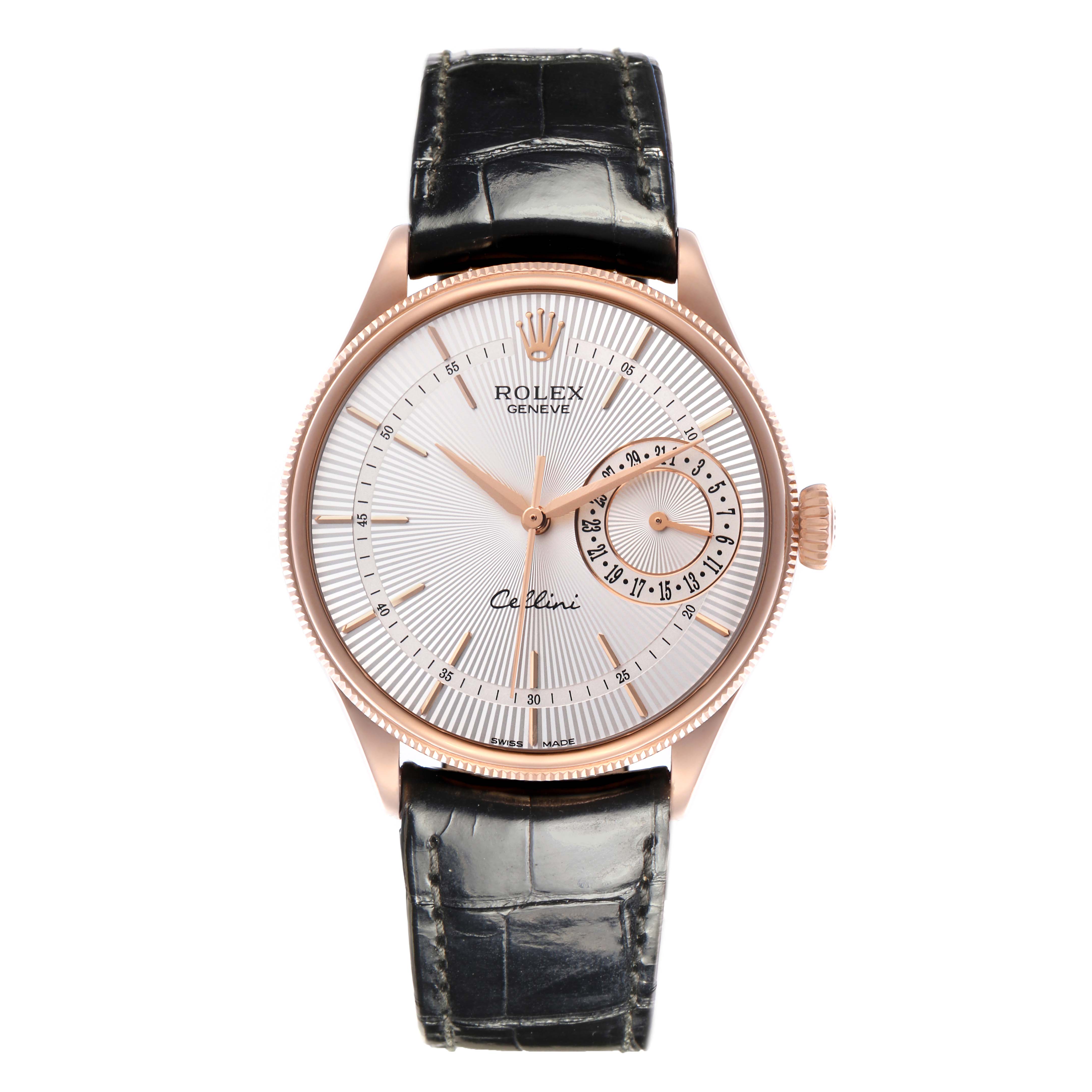 The Rolex Cellini 50515 Men
s Rose Gold Silver Dial 50515 Men
s Rose Gold Silver Dial watch is shown from a top view, displaying the dial, case, crown, and leather strap.