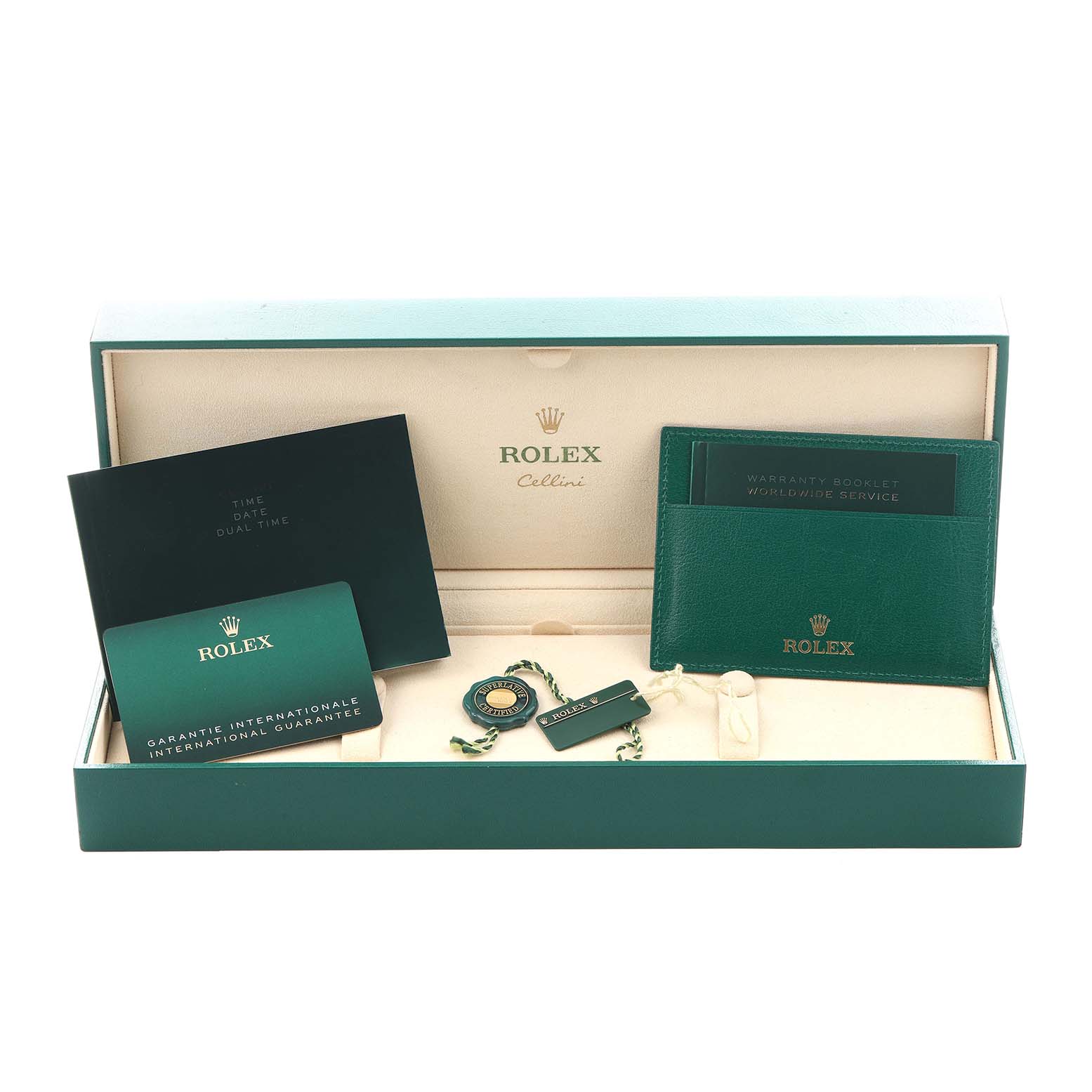 The image shows a Rolex Cellini 50529 Men
s White Gold Silver Dial 50529 Men
s White Gold Silver Dial packaging with booklets, a tag, and warranty card inside an open box.